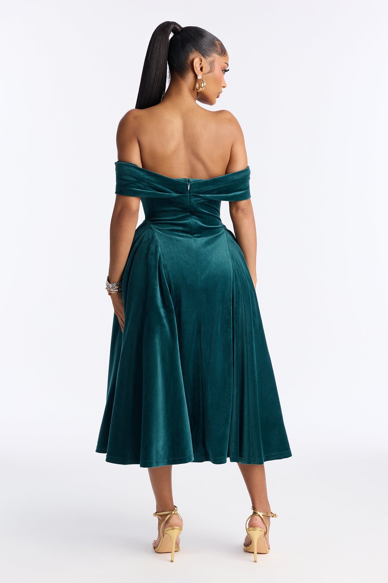 Lillian Pleated Velour Midi Dress - Hunter