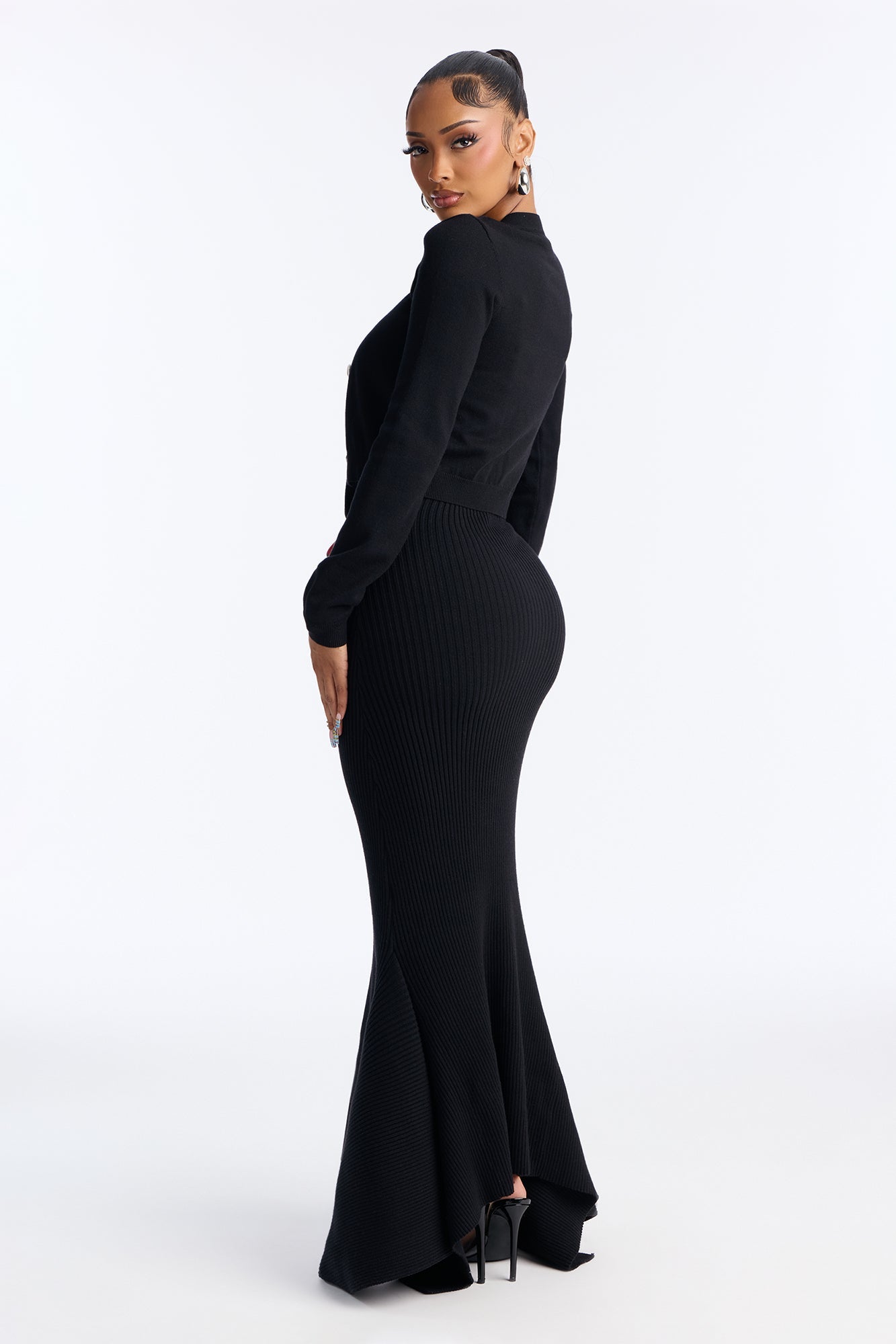 Dazzle Me Ribbed Maxi Dress Set - Black
