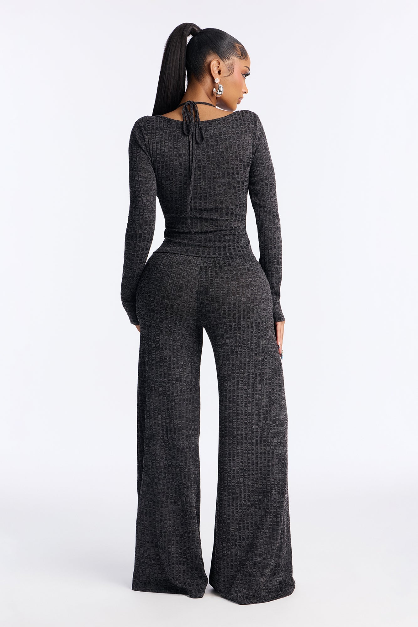 Tempting Fate Lace Bra Ribbed Pant Set - Charcoal