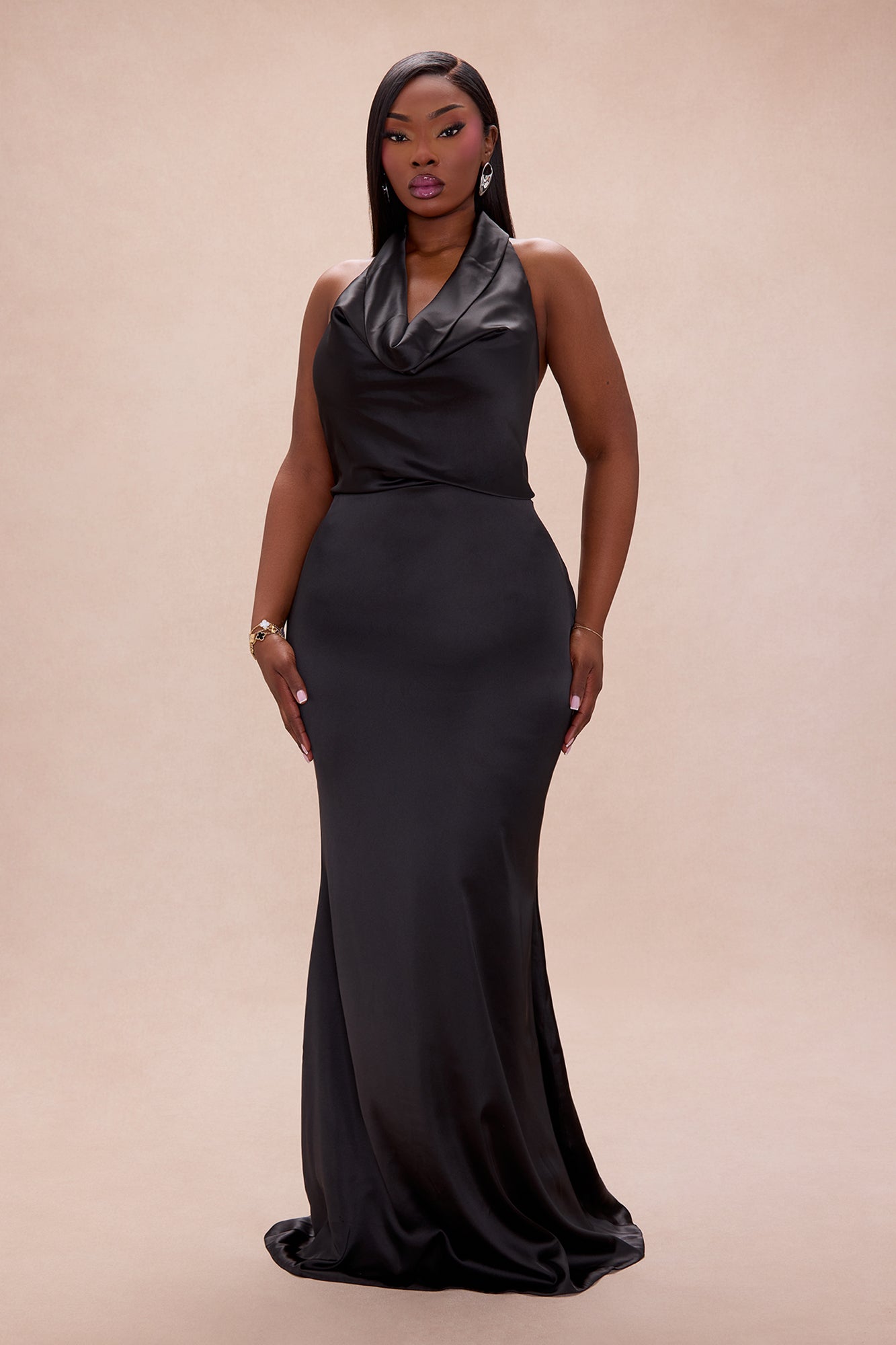 Laena Satin Draped Maxi Dress - Black