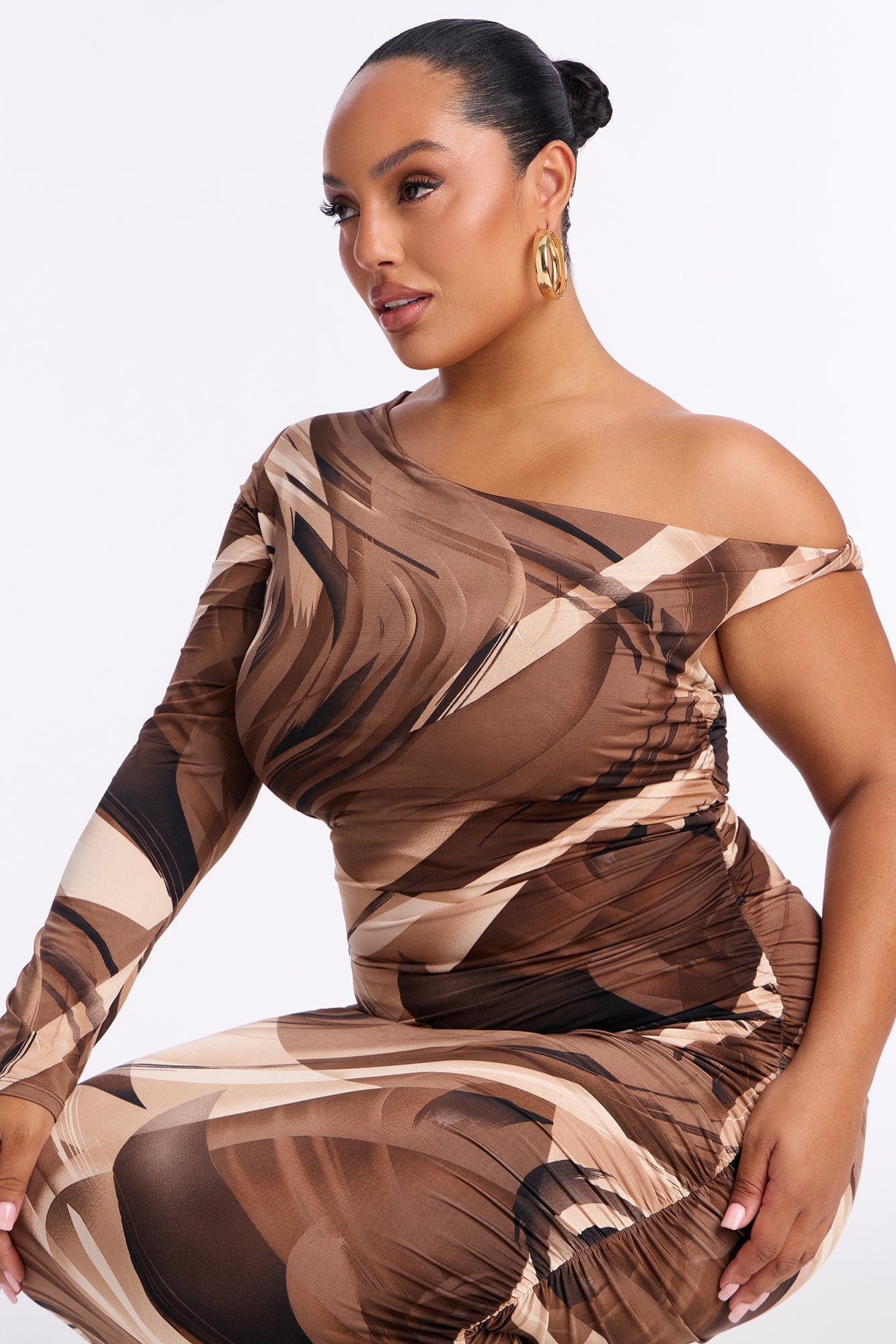 Veda Ruched Printed Midi Dress - Brown/combo