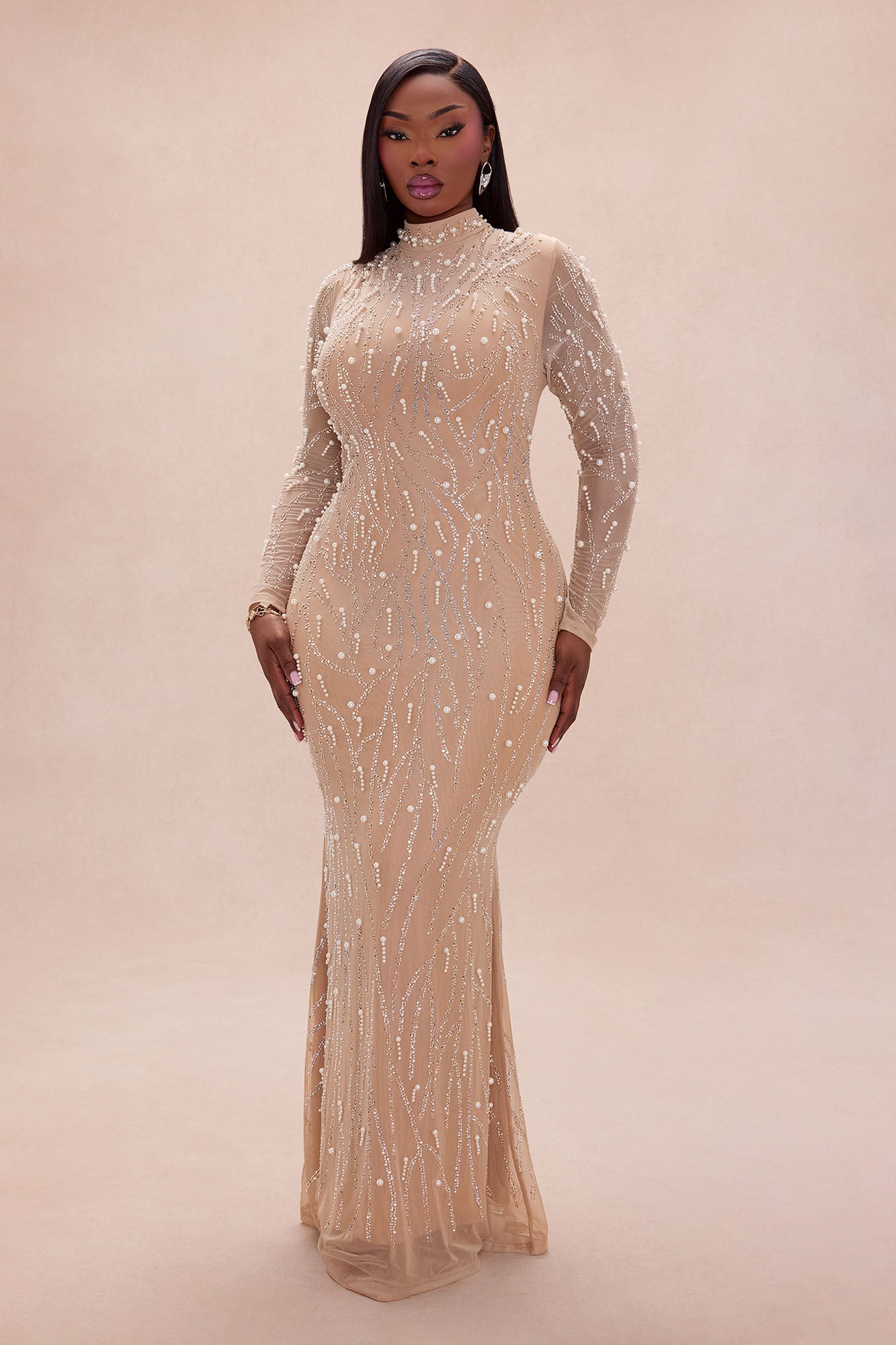 Diamond Mirage Embellished Maxi Dress - Nude