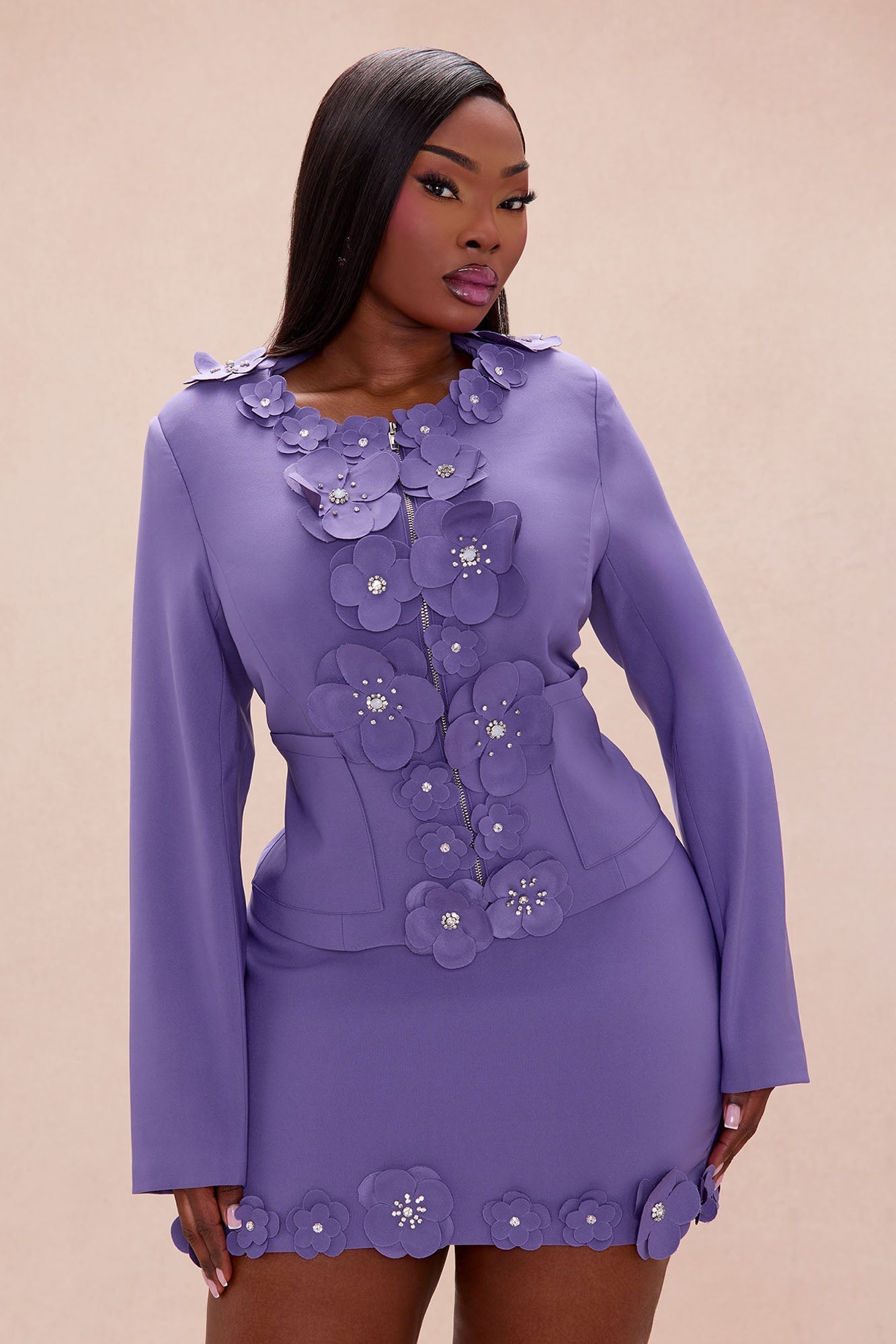 Midnight Meadow Floral Applique Skirt Set - Purple