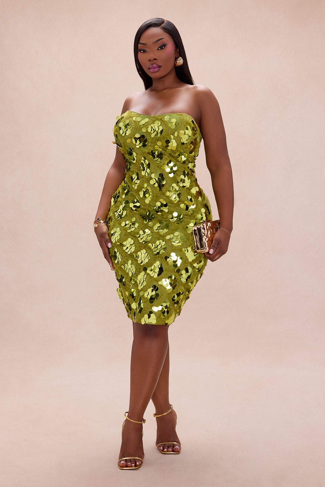 Lana Strapless Sequin Midi Dress - Olive