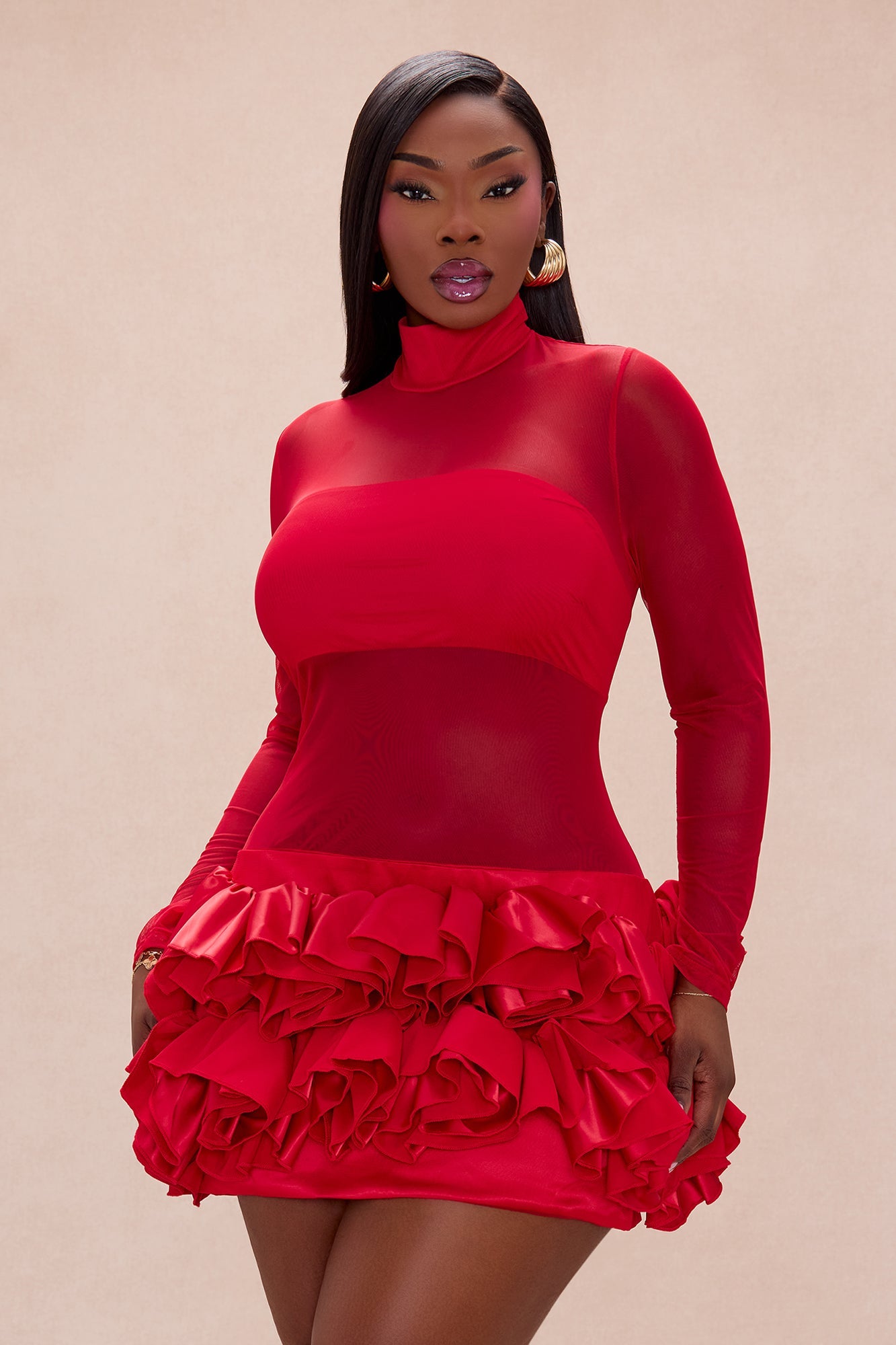 Karolina Sheer Floral Applique Mini Dress - Red