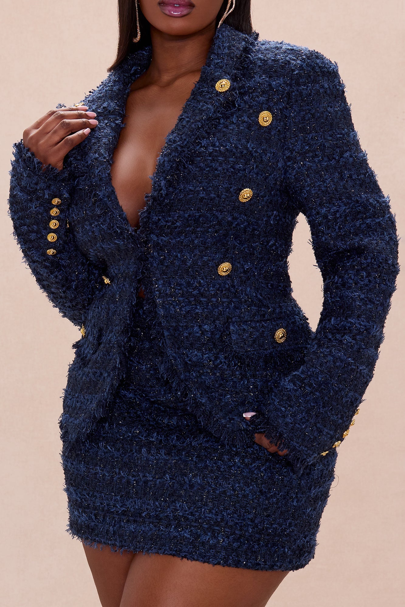 Talia Tweed Blazer Suit Set - Navy