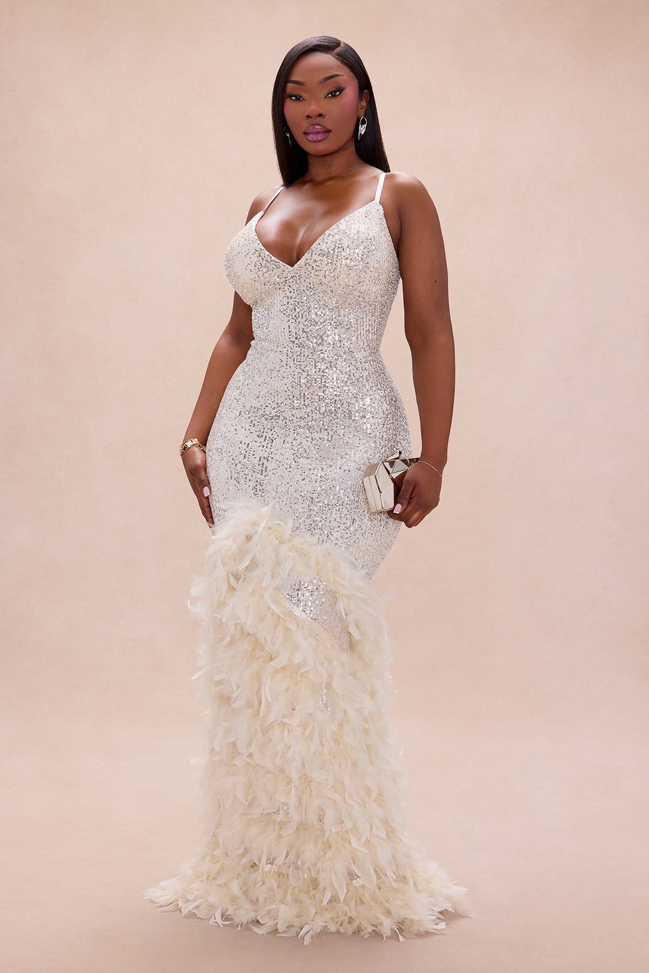 Felicity Sequin Feather Gown - Champagne