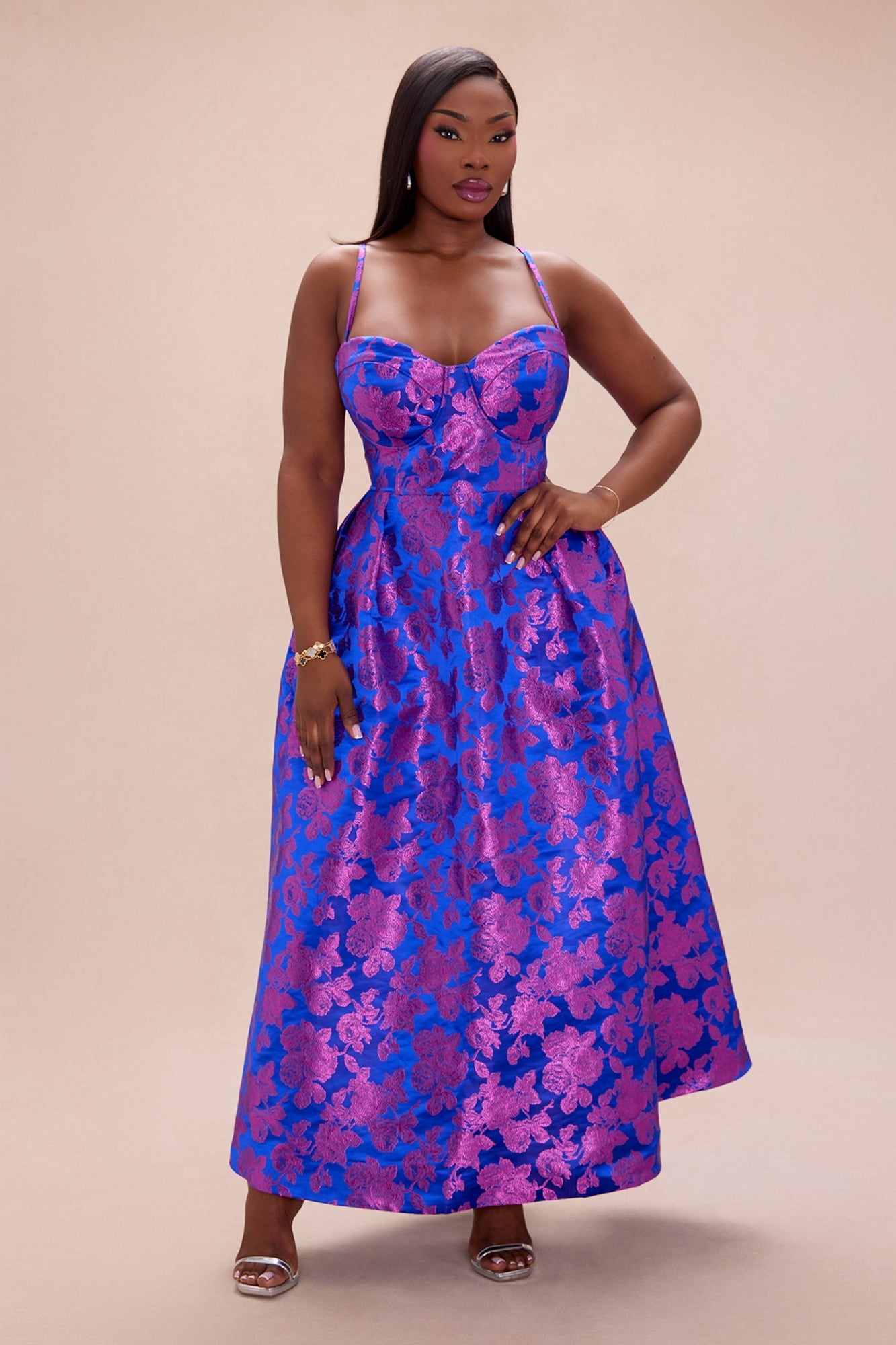 Chelsey Floral Jacquard Midi Dress - Royal/combo