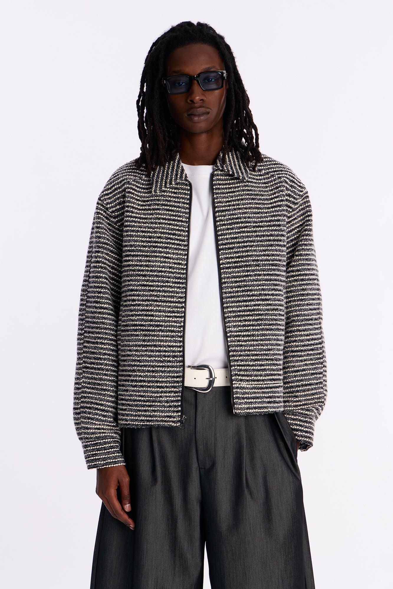 Relaxed Cropped Tweed Bomber Jacket - Grey