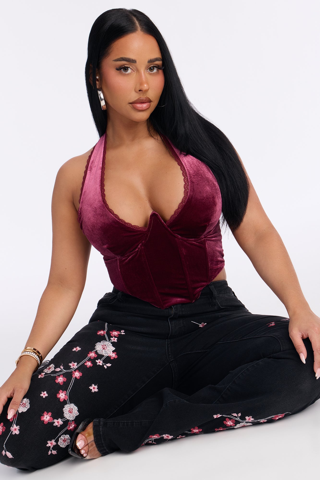 Cherry Blossom Embroidered Flare Jeans - Black
