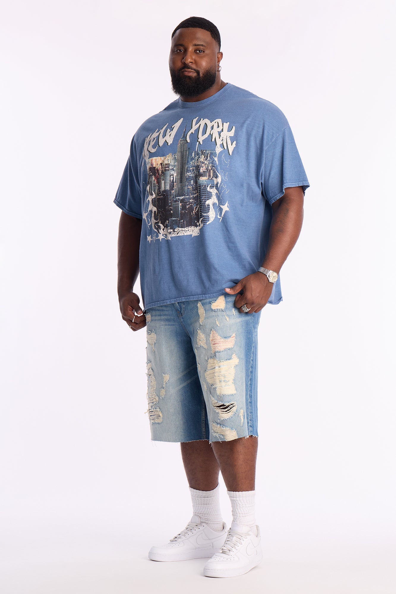 Baggy Repaired But Destroyed Denim Short - Medium Blue Wash