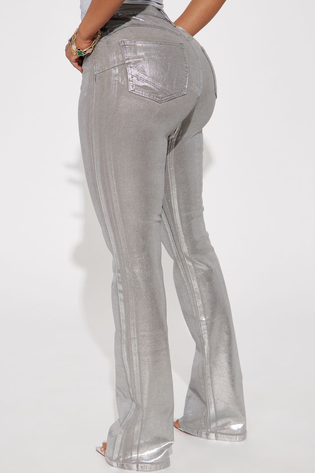 Shine Bright Foil Stretch Bootcut Jeans - Silver