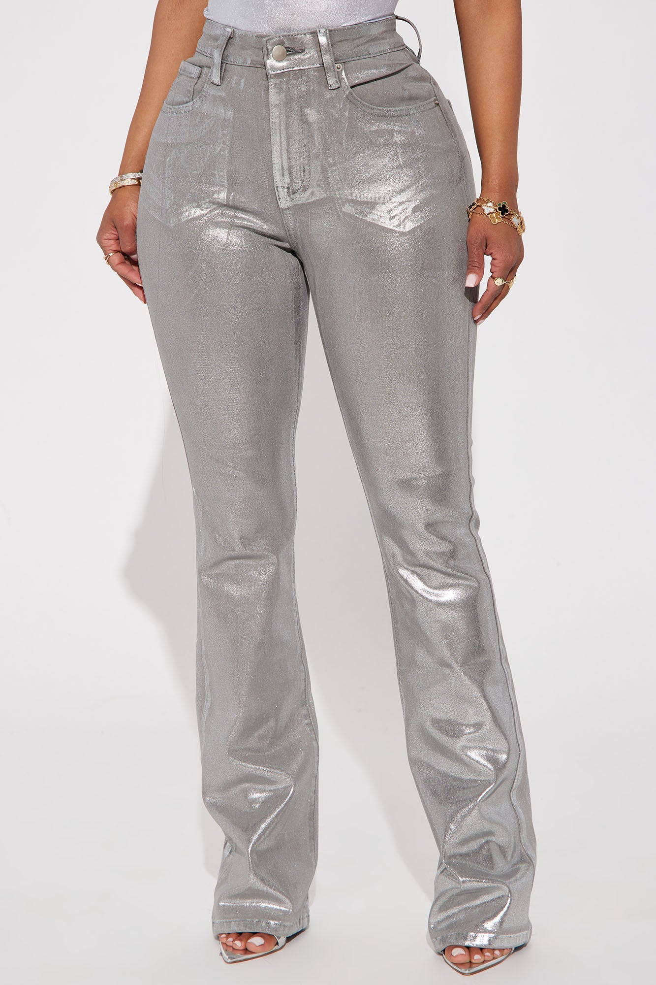 Shine Bright Foil Stretch Bootcut Jeans - Silver