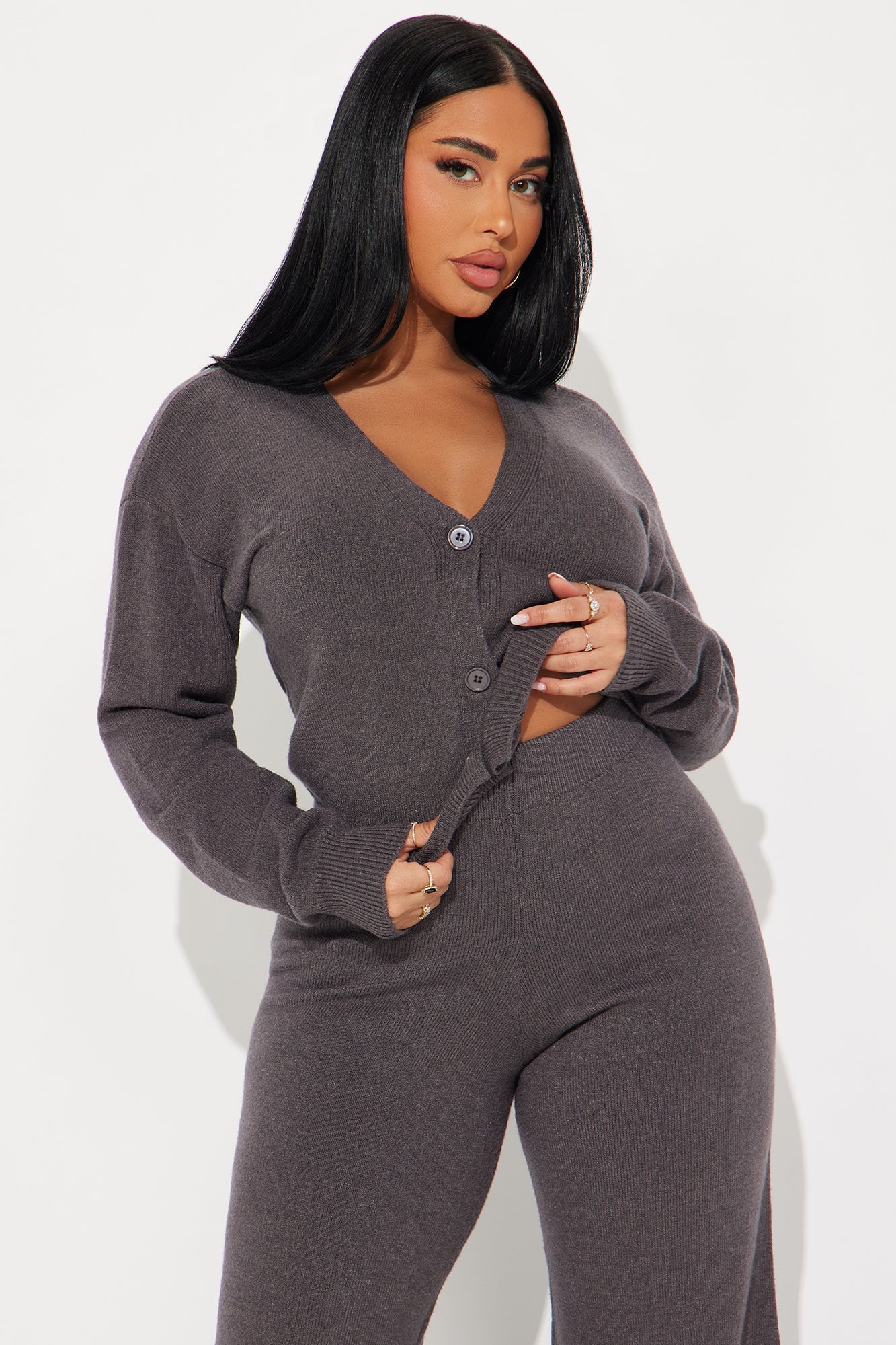 Without A Care Sweater Cardigan Pant Set - Charcoal