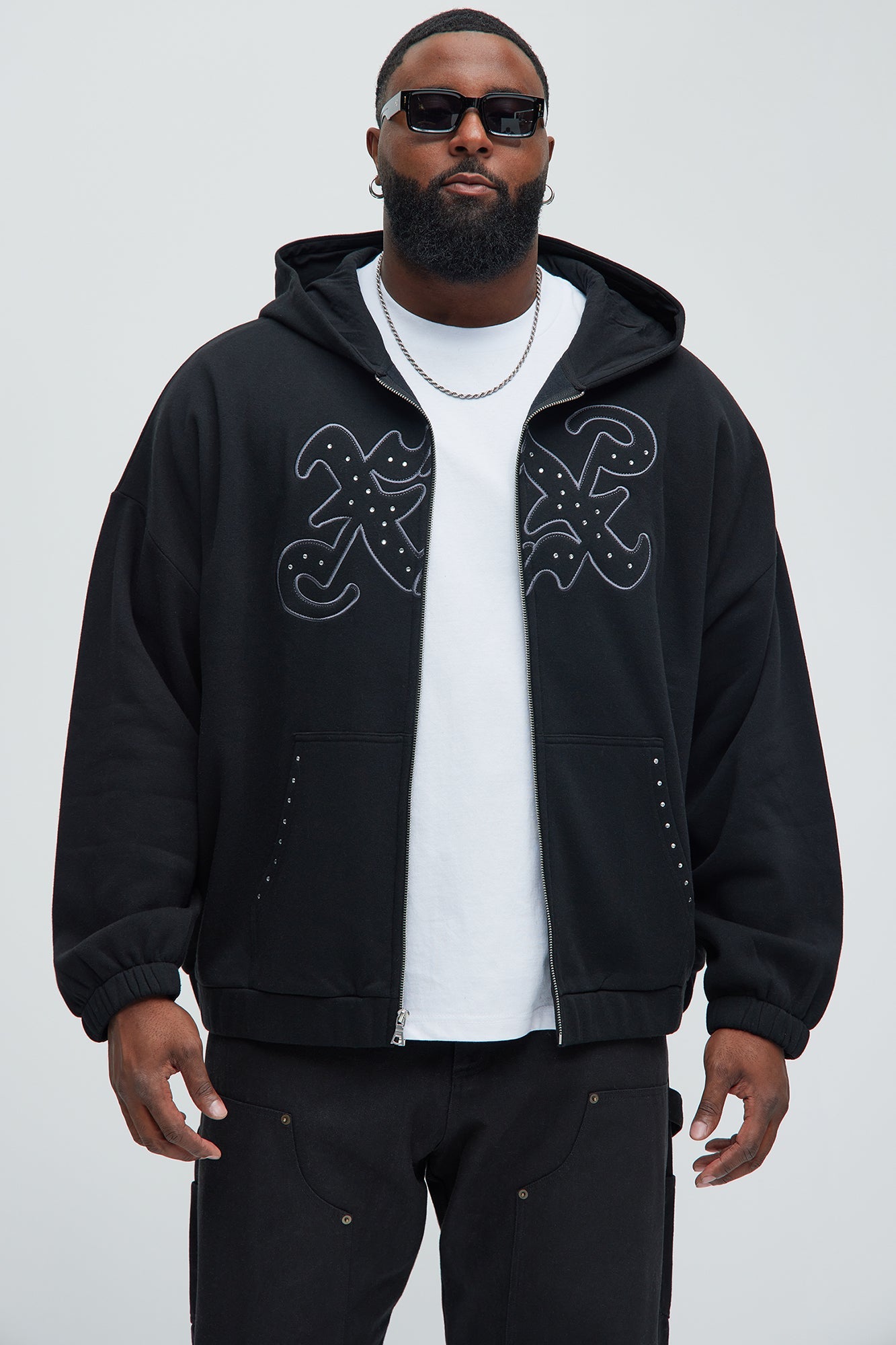 Tyson Rhinestone Oversized Zip Up Hoodie - Black