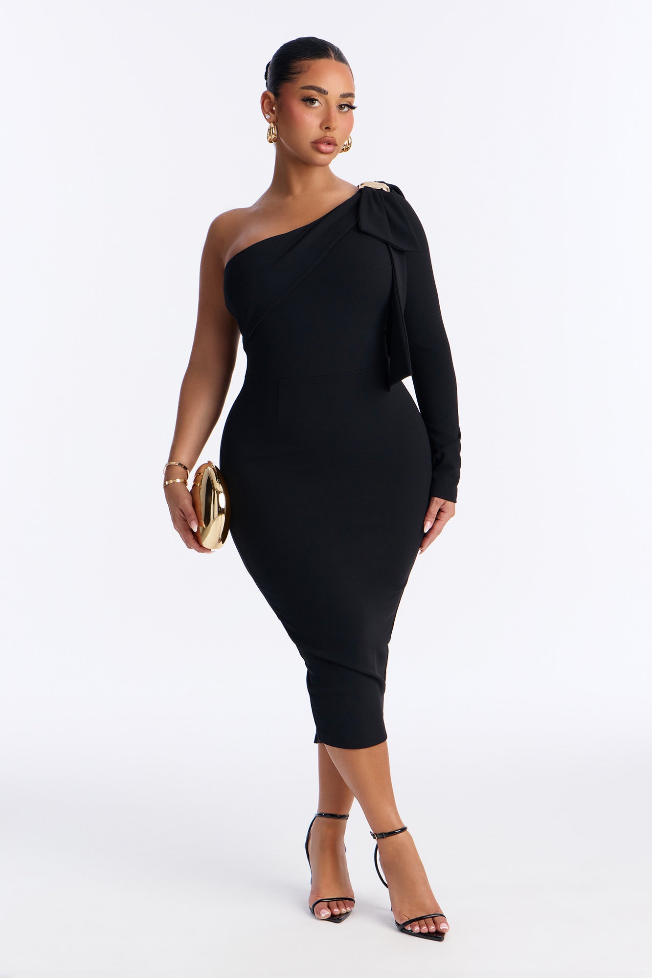 Taya One Shoulder Bow Midi Dress - Black