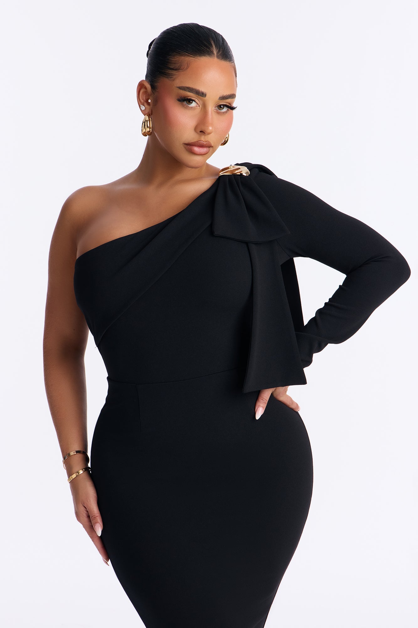 Taya One Shoulder Bow Midi Dress - Black