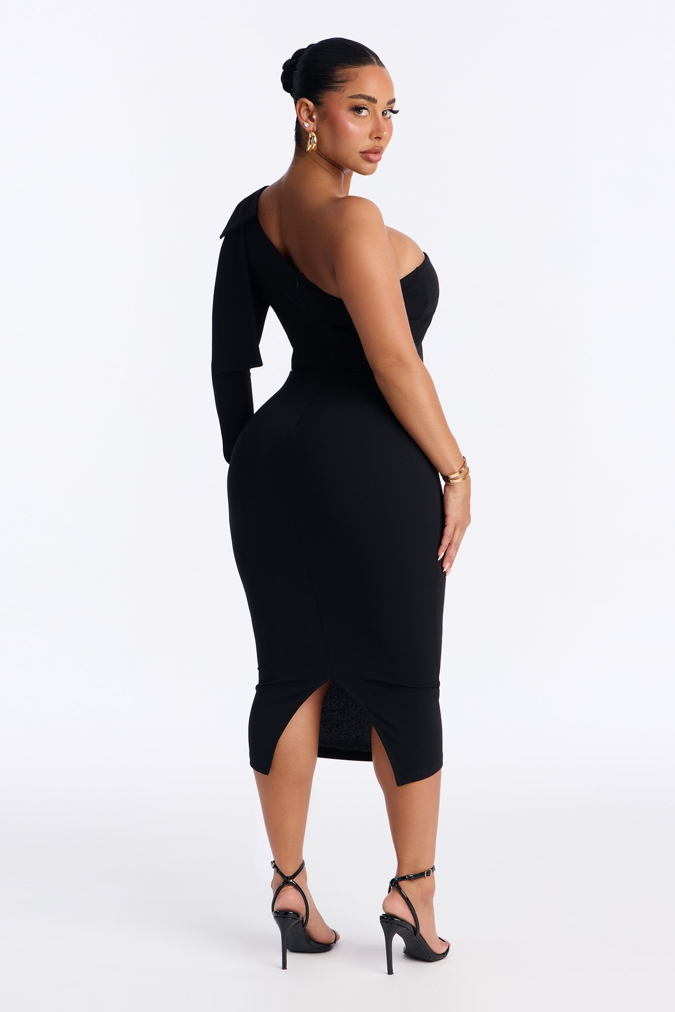 Taya One Shoulder Bow Midi Dress - Black