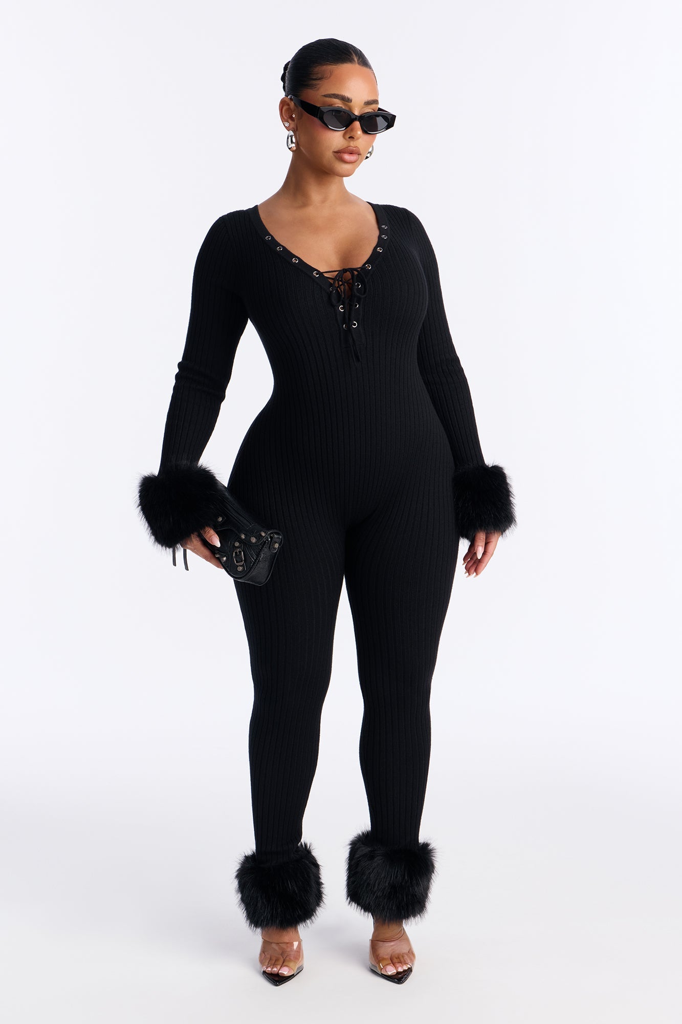 Lana Fur Trim Lace Up Long Sleeve Jumpsuit - Black