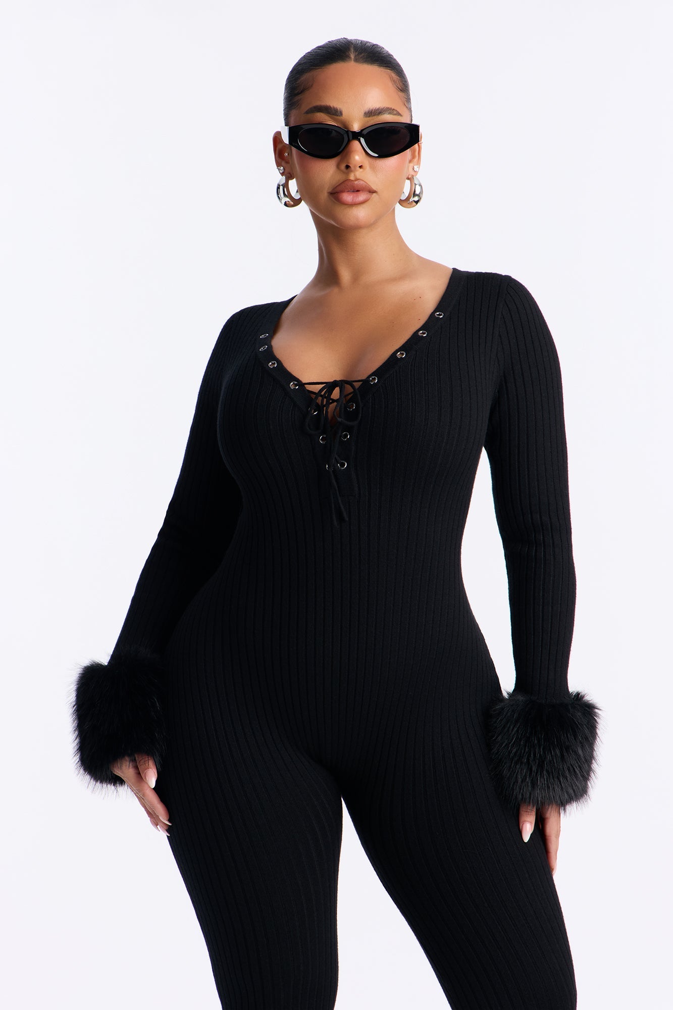 Lana Fur Trim Lace Up Long Sleeve Jumpsuit - Black