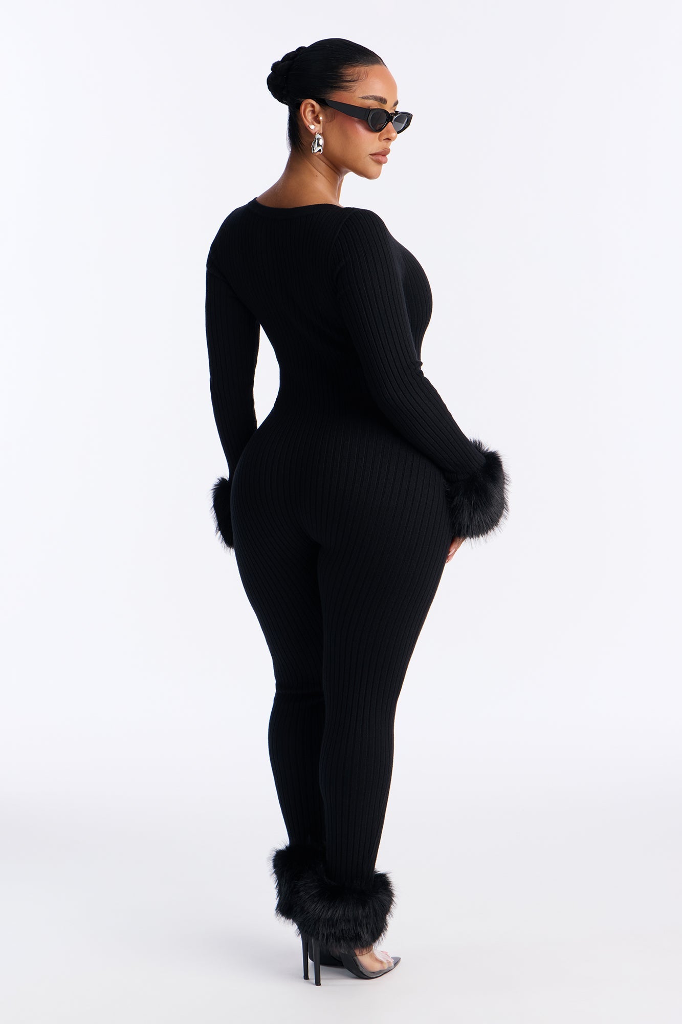 Lana Fur Trim Lace Up Long Sleeve Jumpsuit - Black
