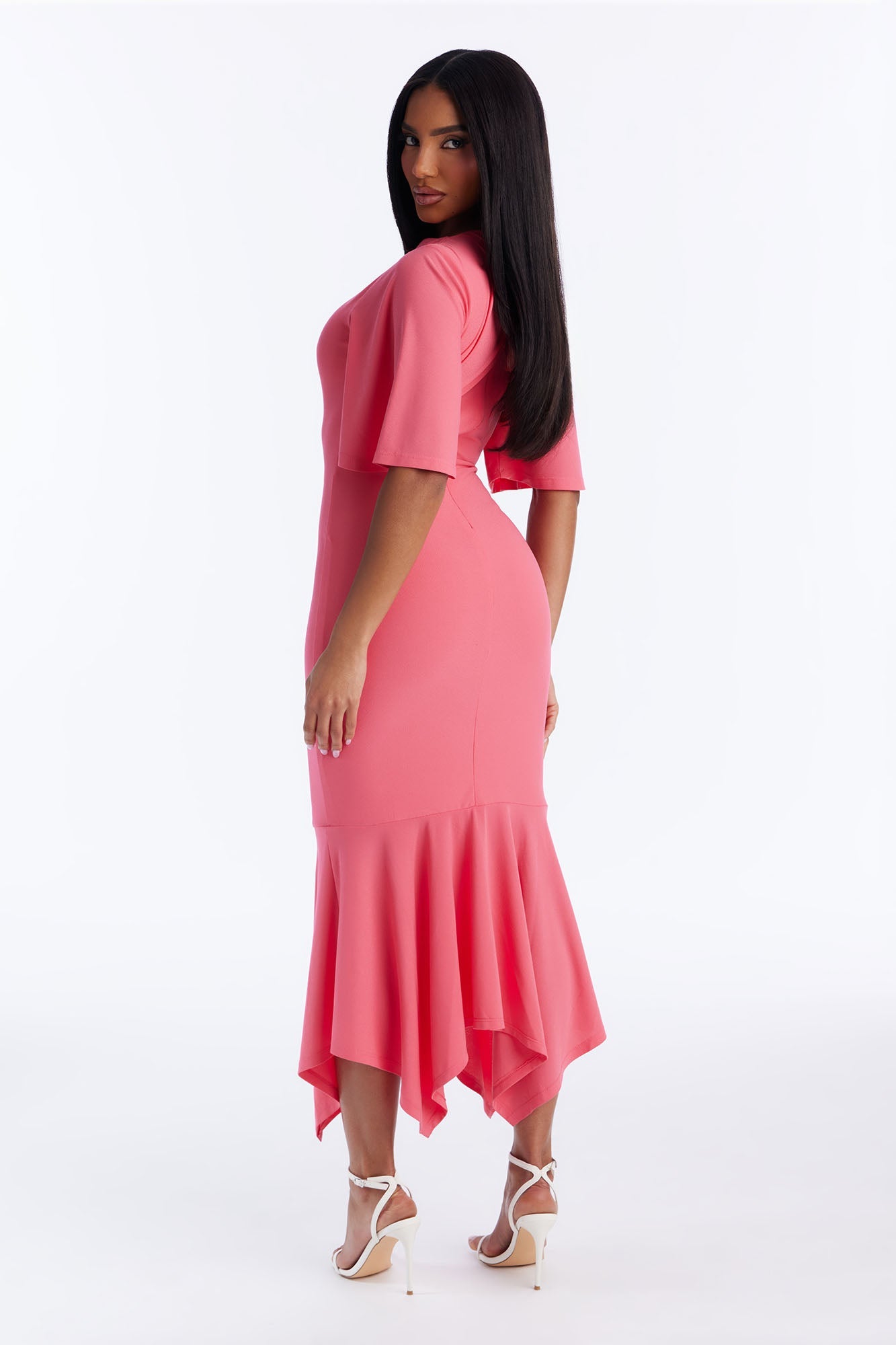 Audrina Asymmetrical Mermaid Midi Dress - Coral