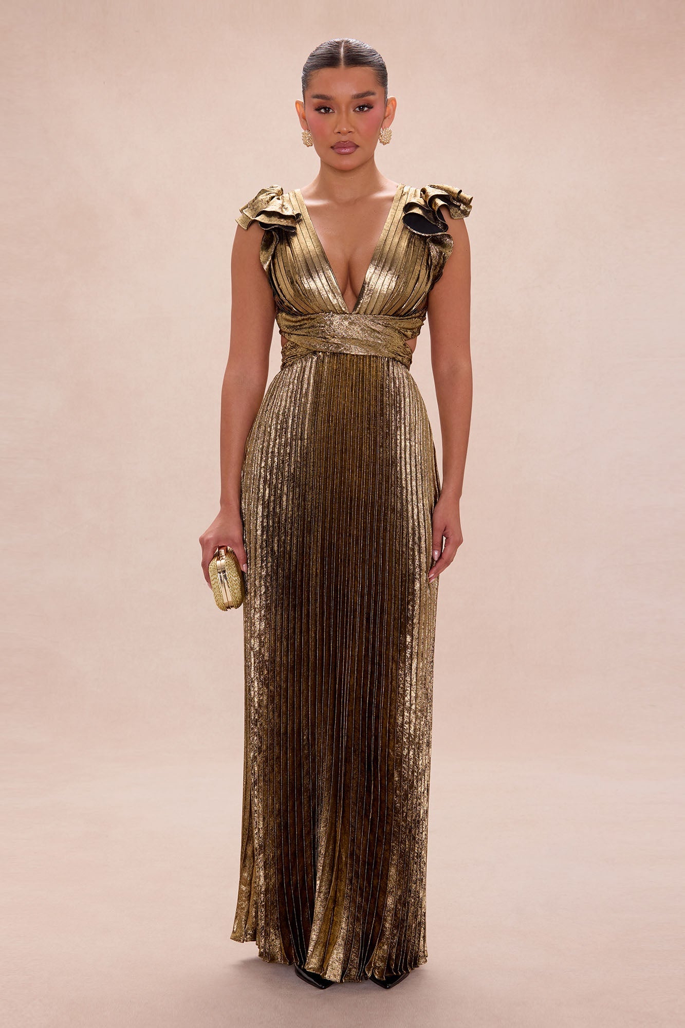 Theodora Ruffle Sleeve Metallic Maxi Dress - Gold