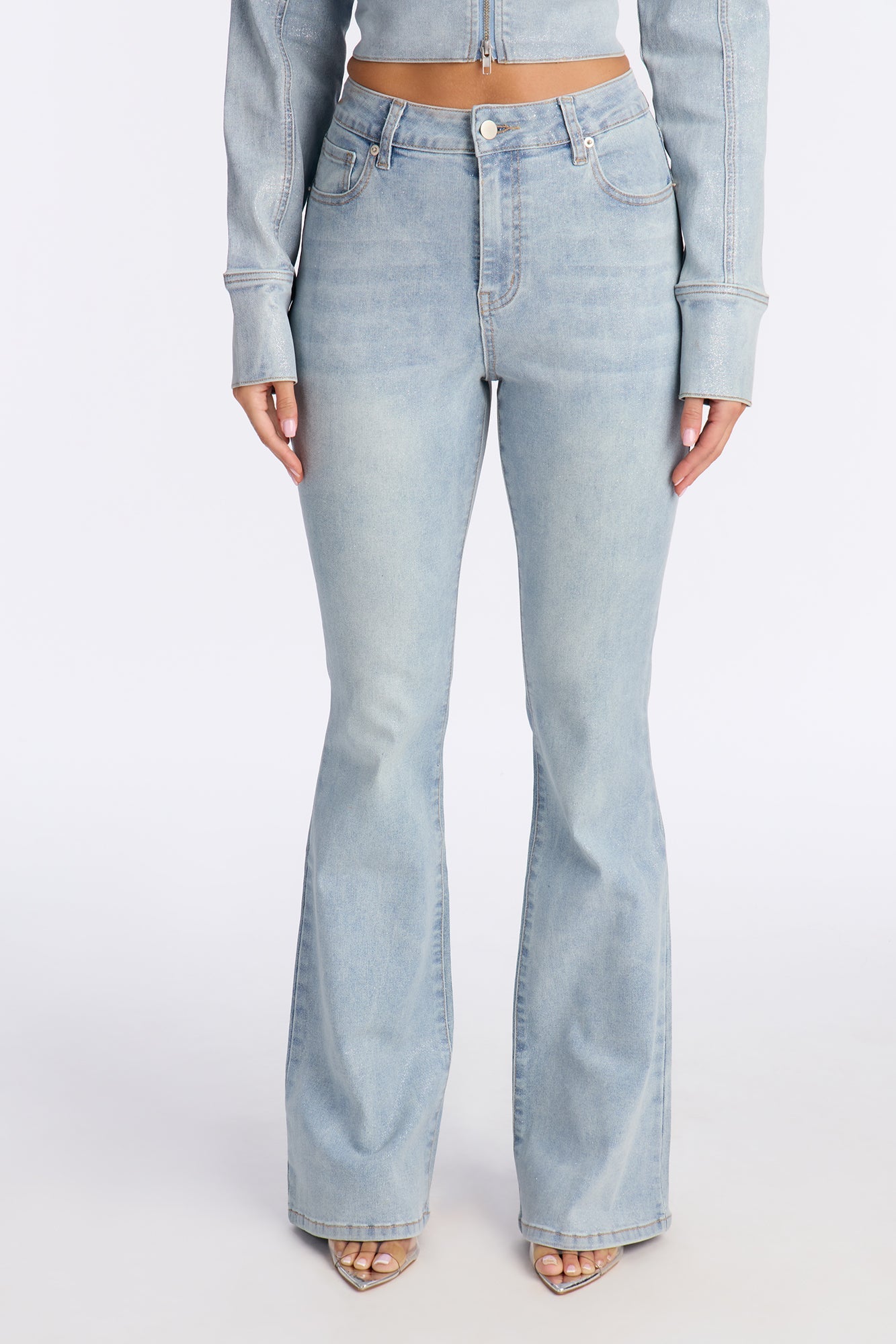 Gemma Glitter Foil Flare Jeans - Light Wash