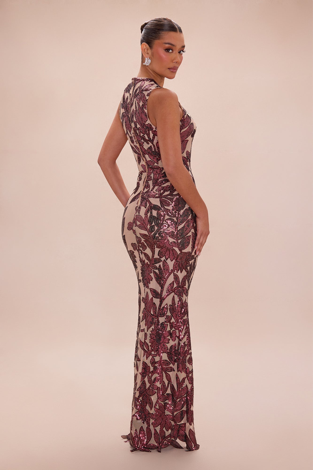 Cindy Floral Sequin Gown - Burgundy