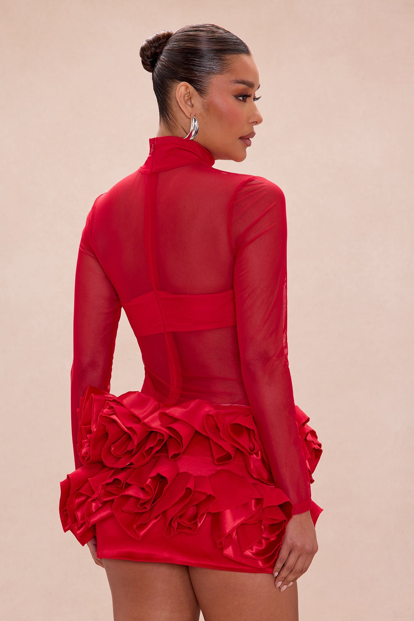 Karolina Sheer Floral Applique Mini Dress - Red