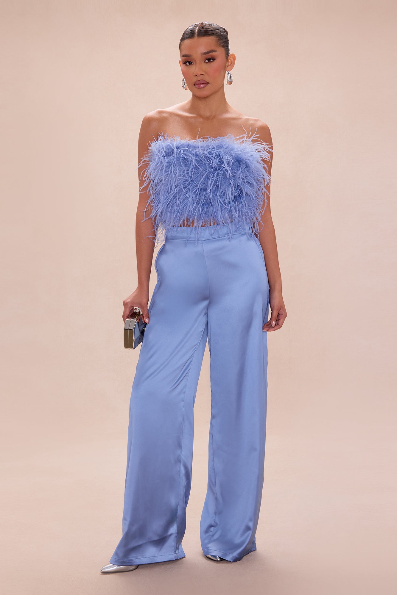 Champagne Glow Feathered Pant Set - Dusty Blue