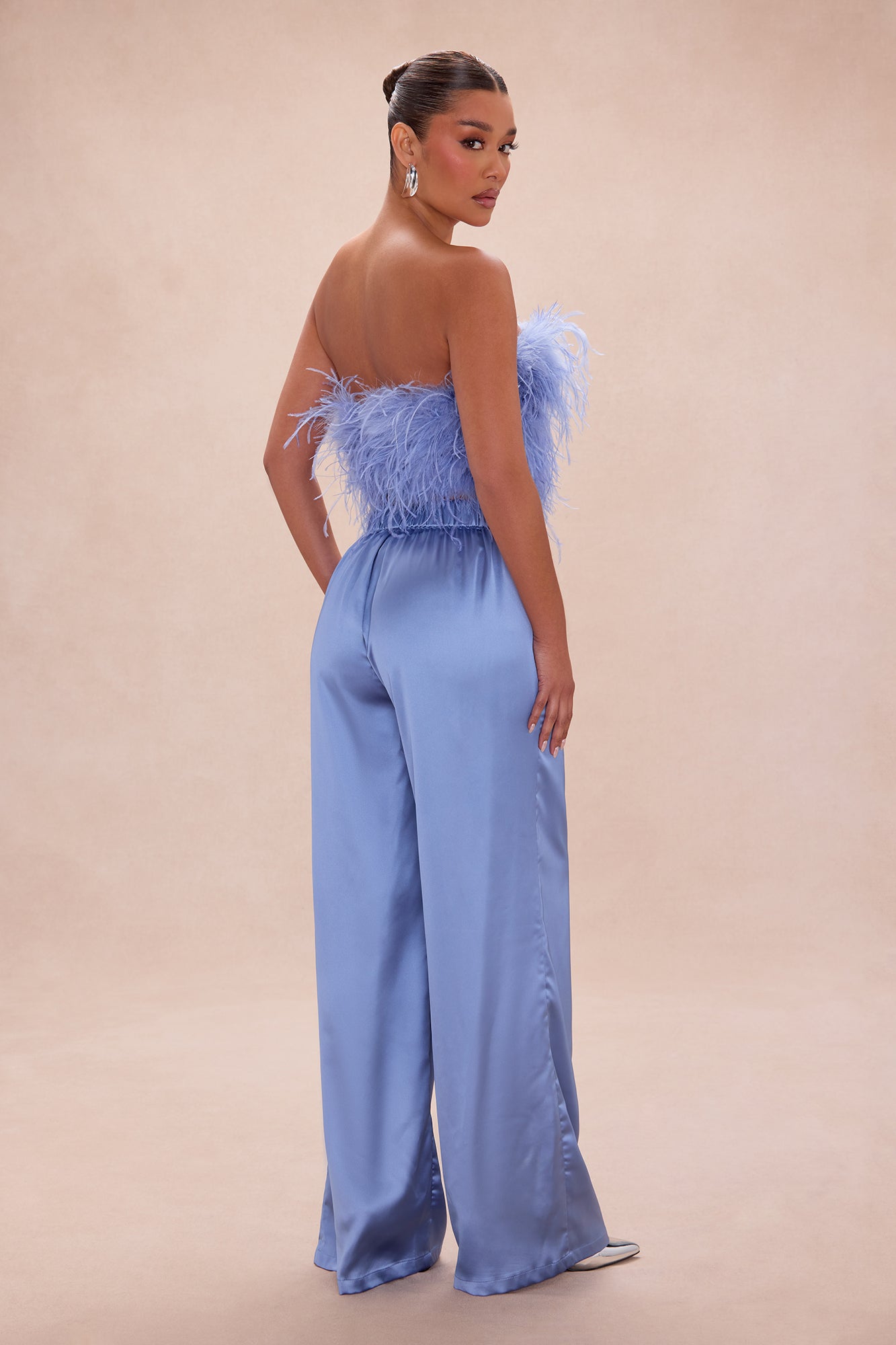 Champagne Glow Feathered Pant Set - Dusty Blue