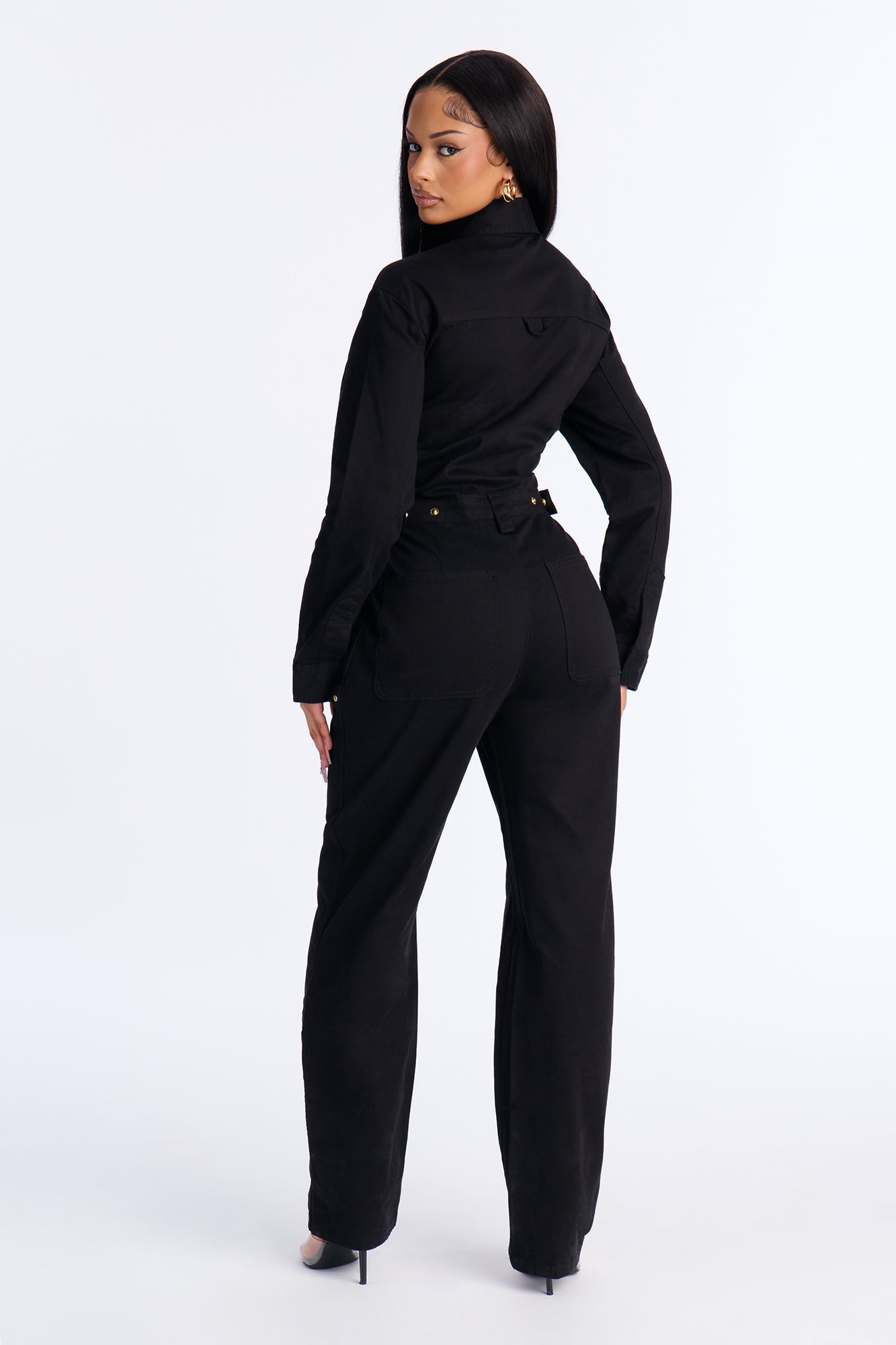 On The Go Twill Long Sleeve Jumpsuit - Black