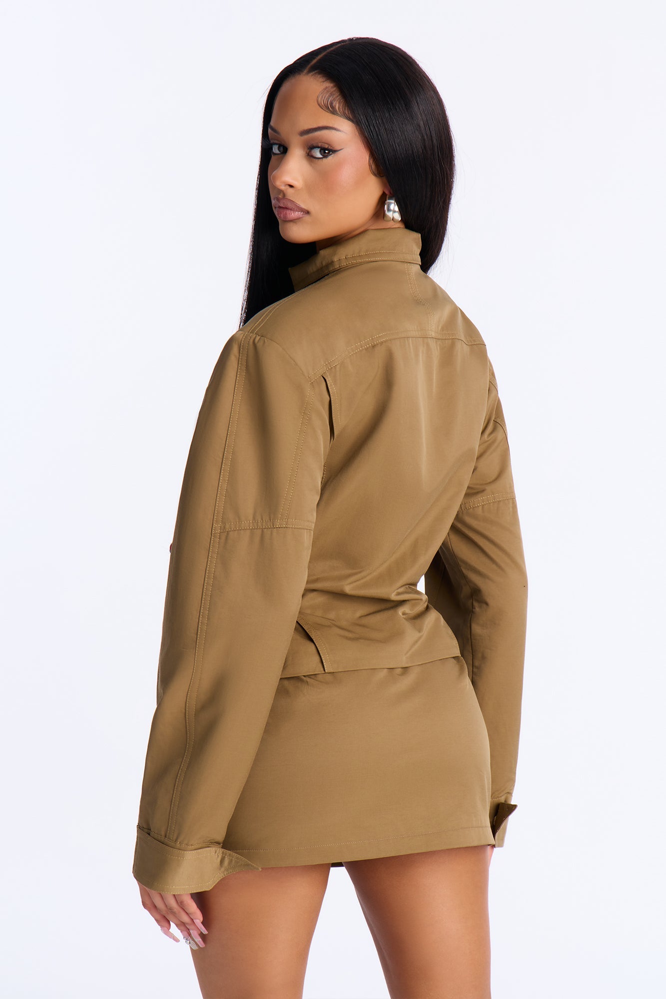 Got Your Attention Cinched Waist Utility Jacket - Olive