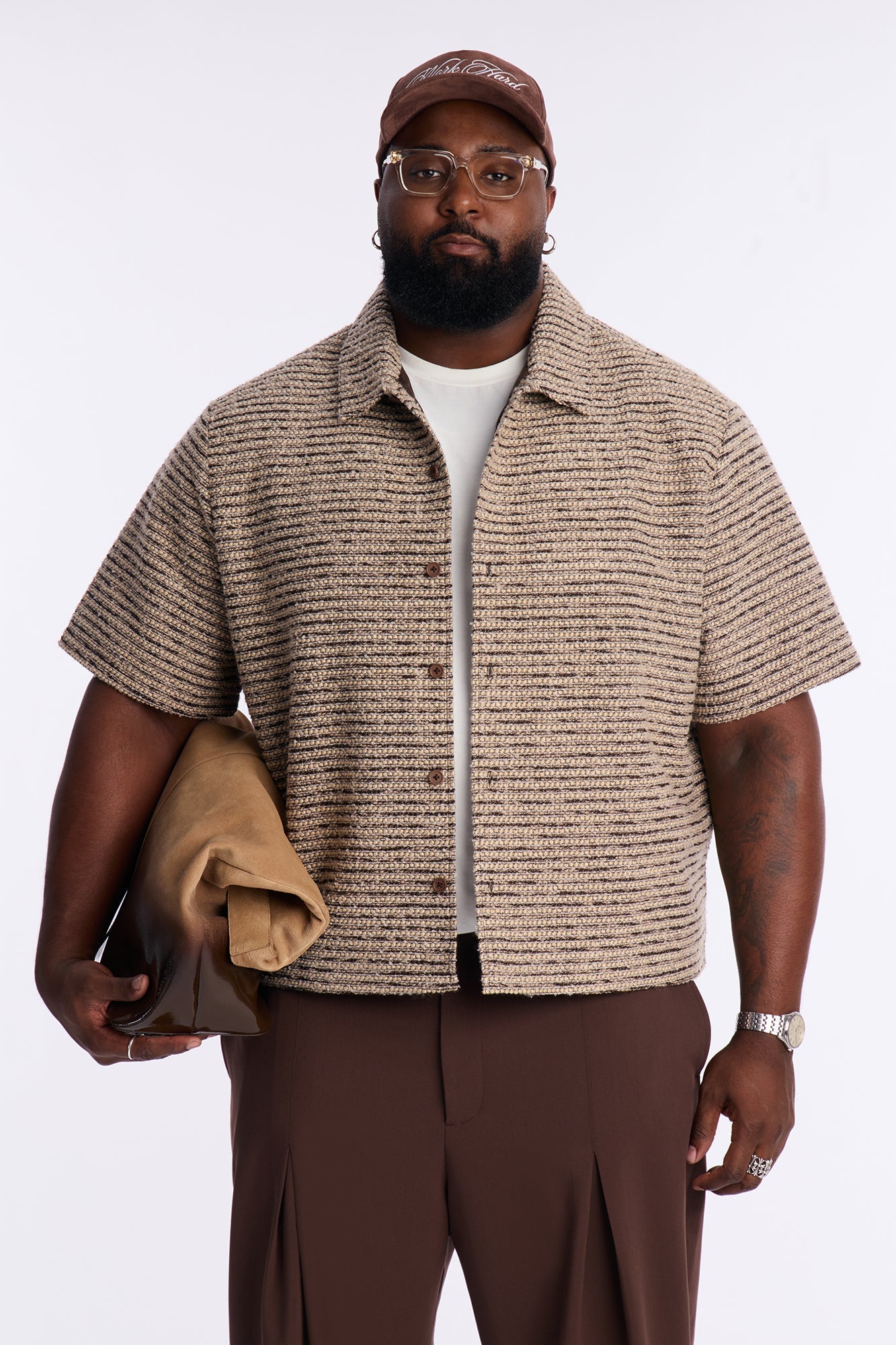 Relaxed Cropped Tweed Button Up Shirt - Brown