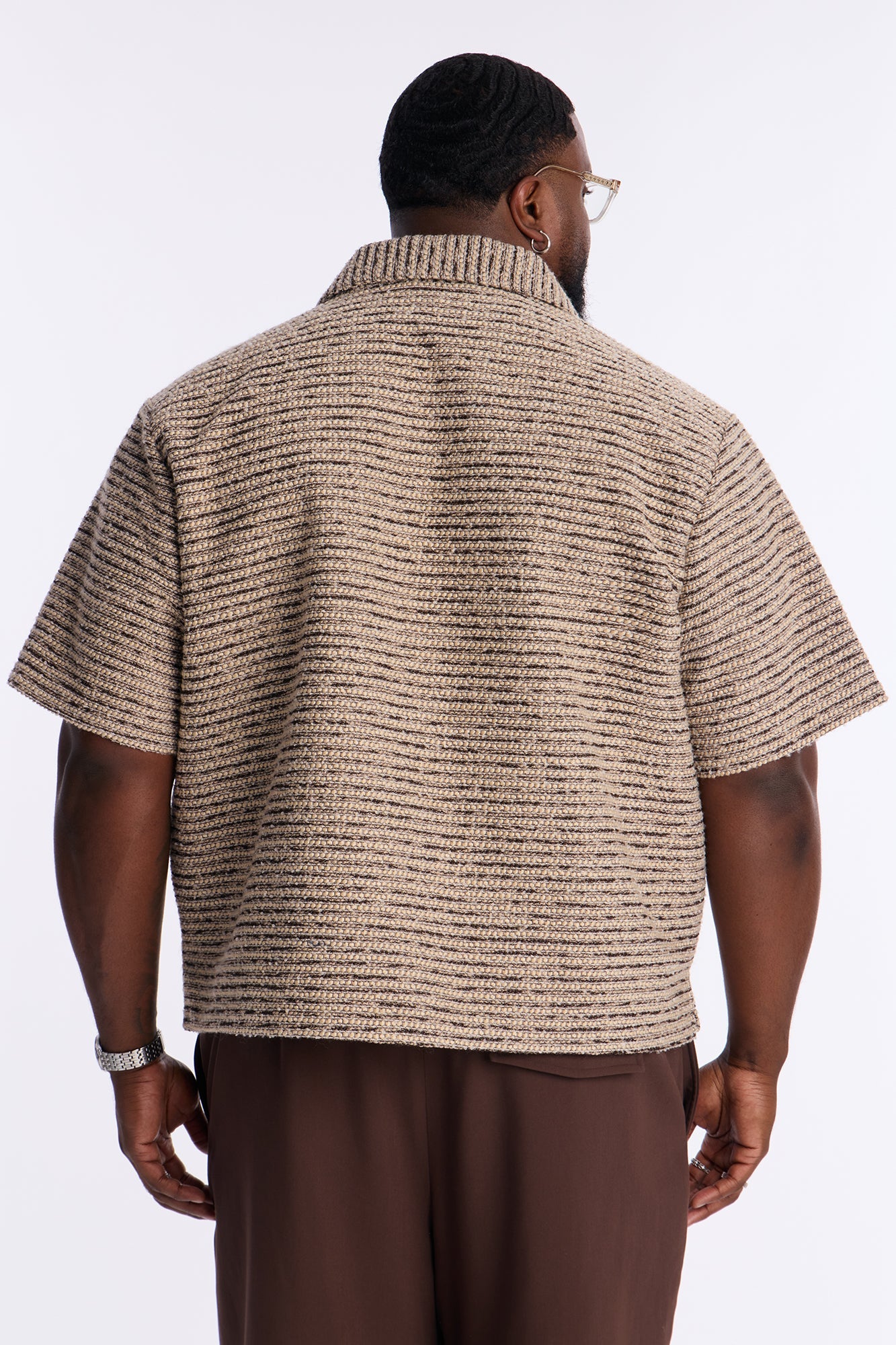Relaxed Cropped Tweed Button Up Shirt - Brown