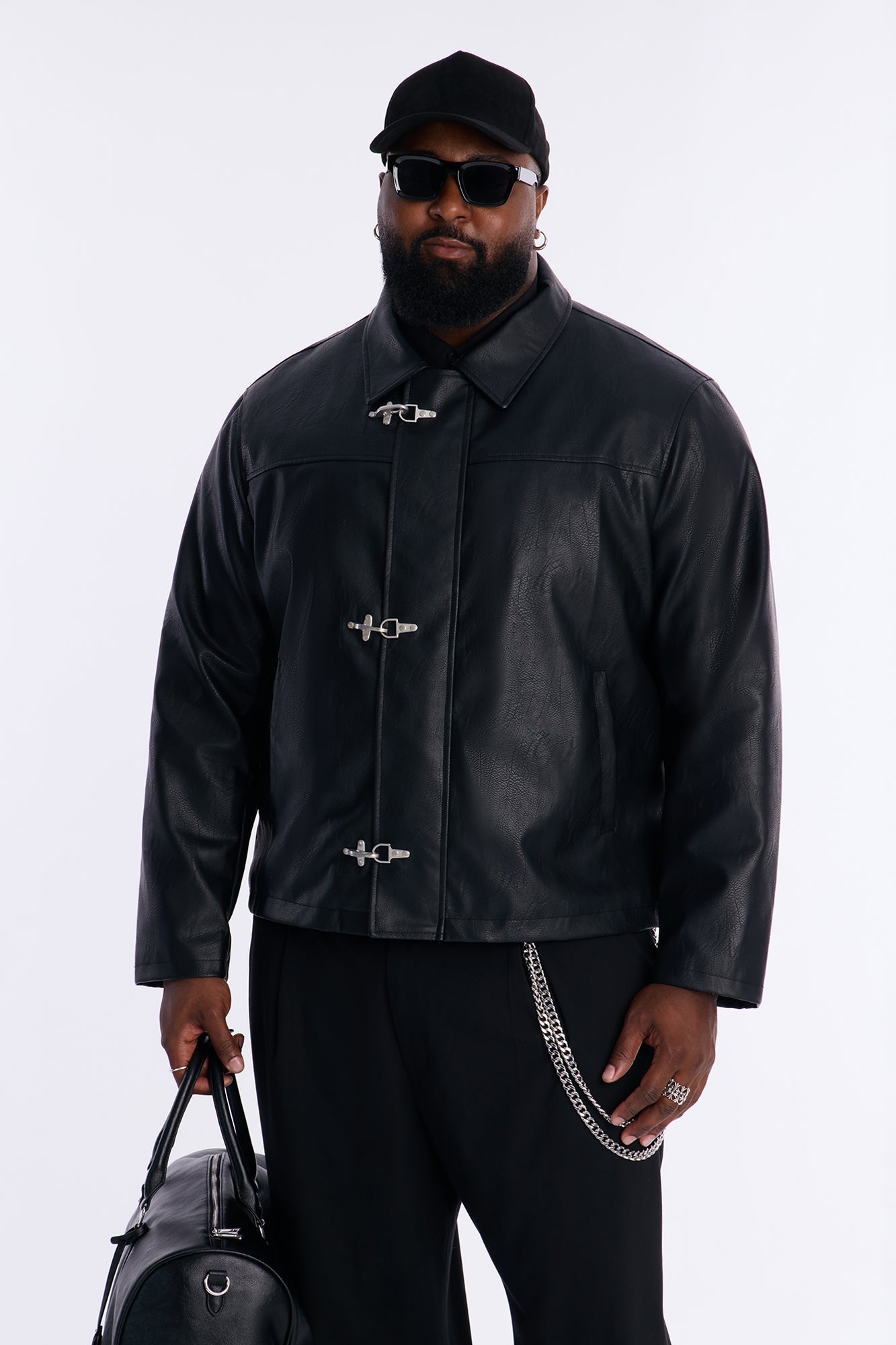 Fireman Clasp Faux Leather Jacket - Black