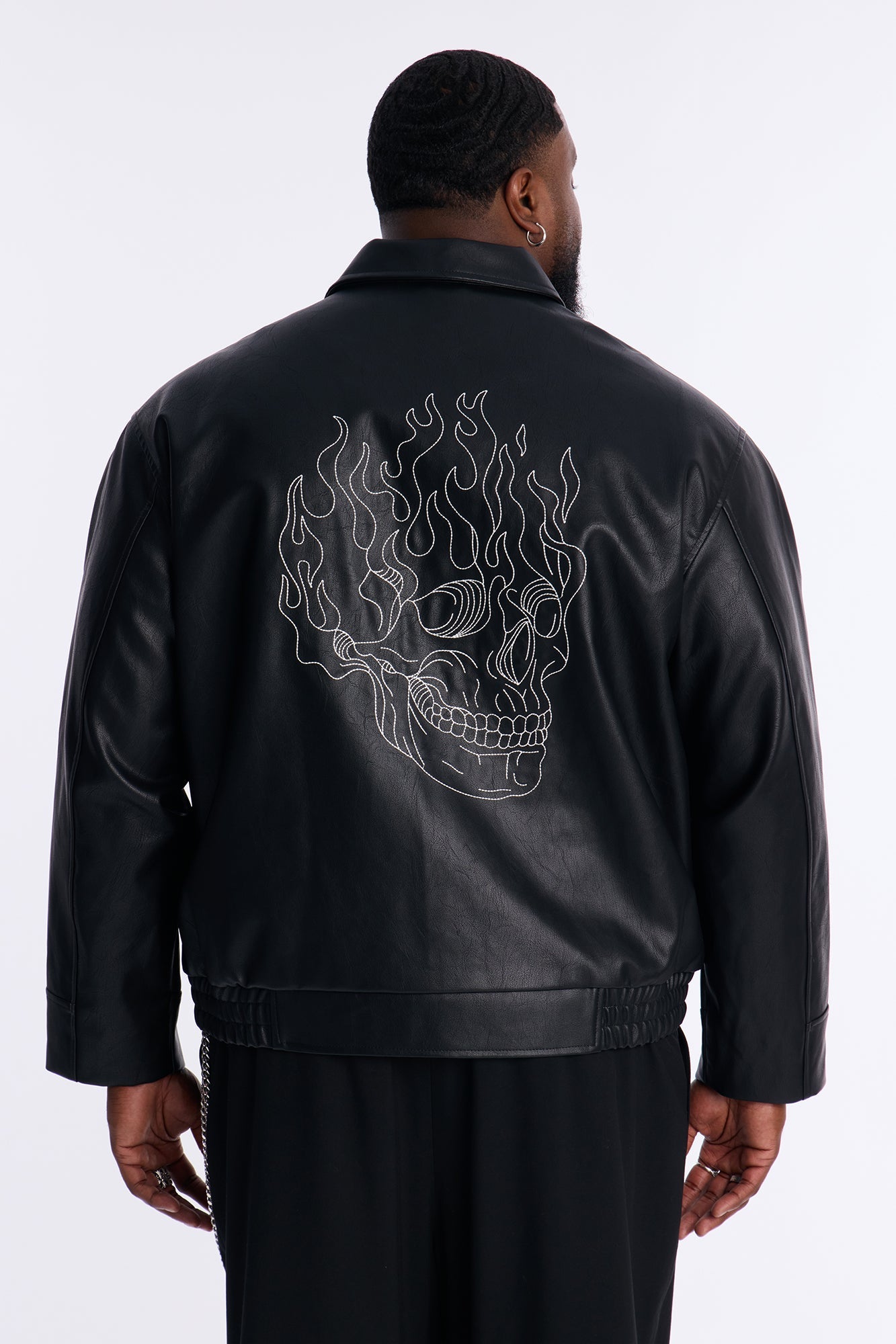 Embroidered Skull Faux Leather Jacket - Black