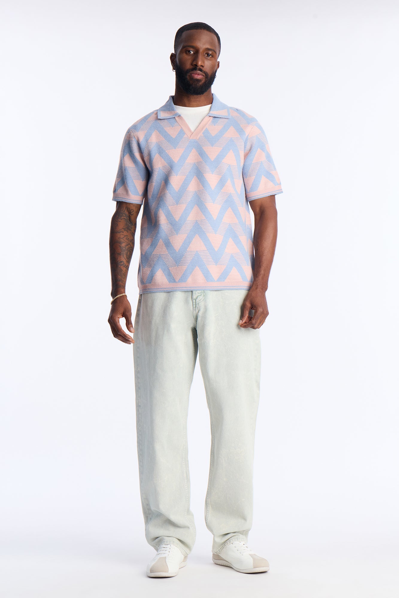 Charlie Johnny Collar Knitted Polo - Blue/combo
