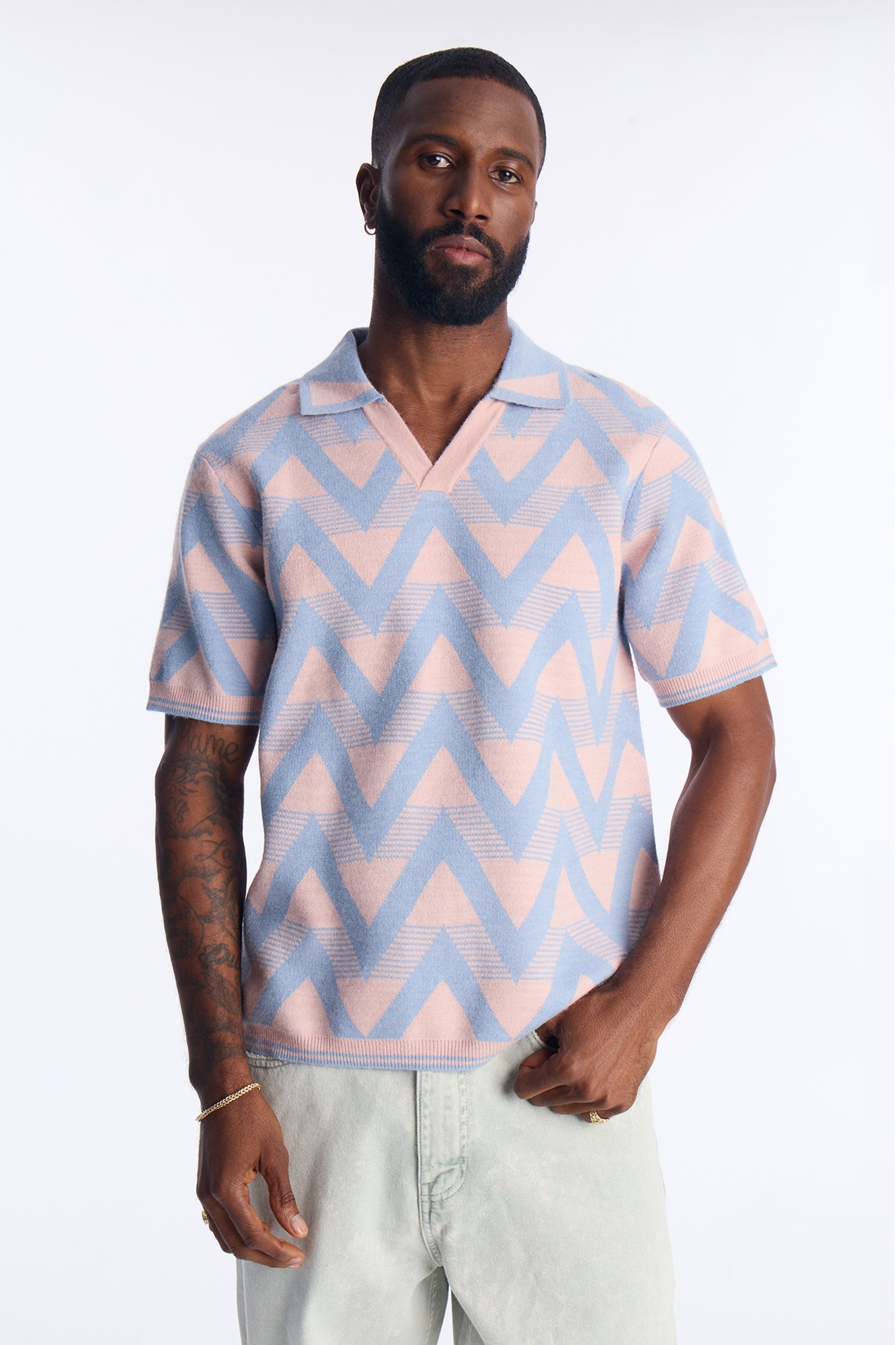 Charlie Johnny Collar Knitted Polo - Blue/combo