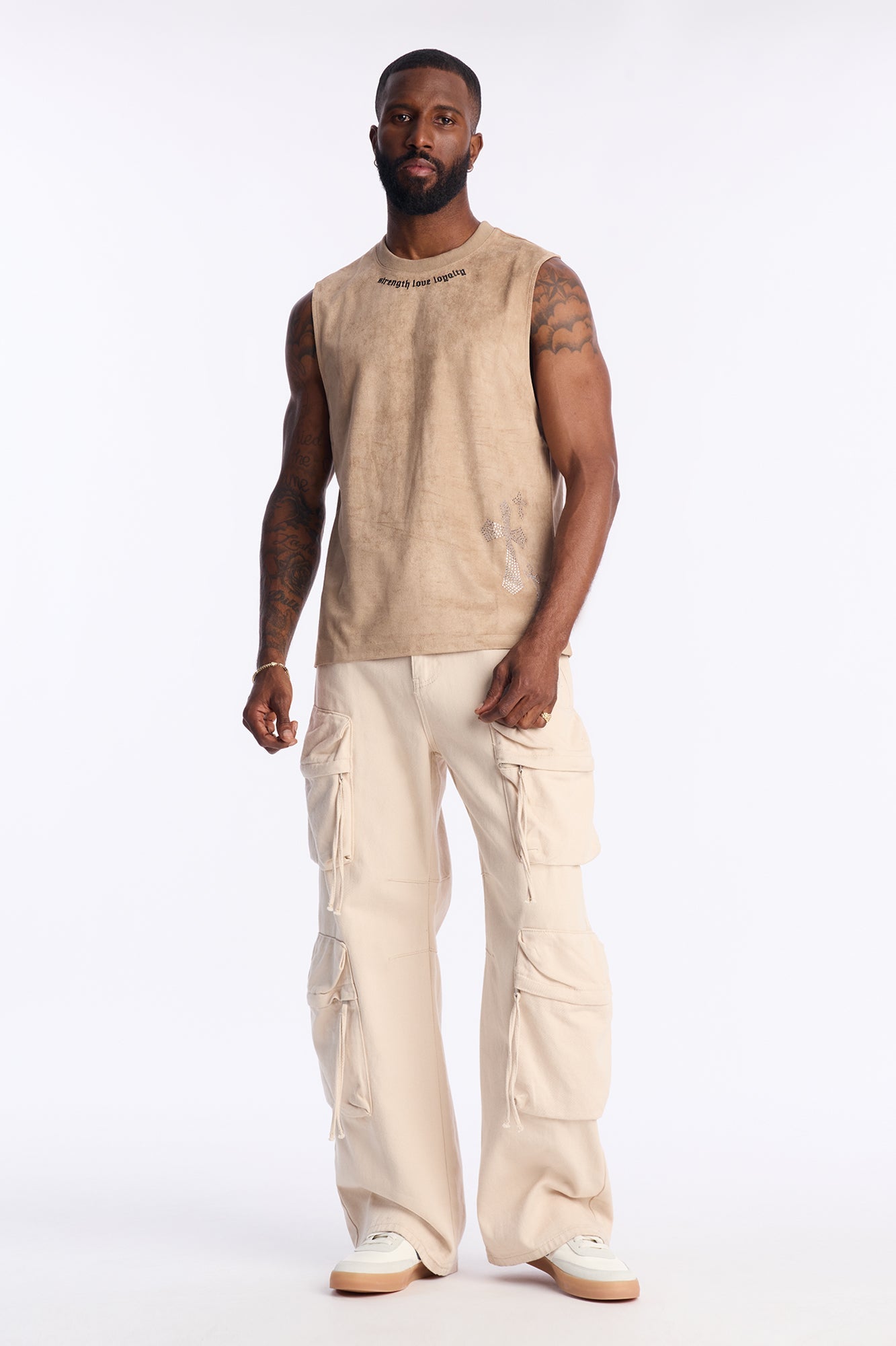Studded Cross Faux Suede Muscle Tee - Stone