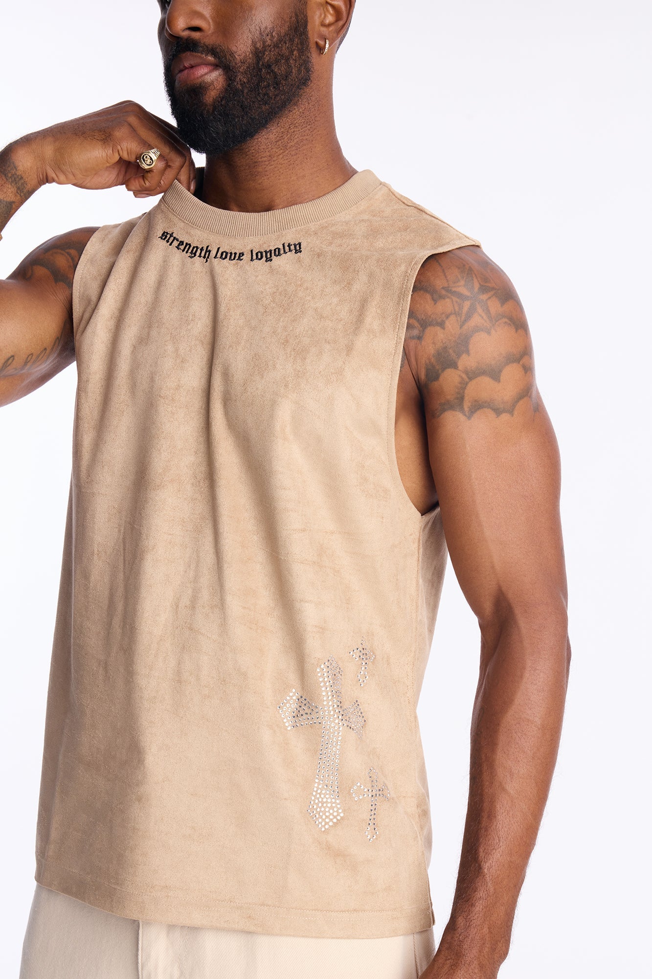 Studded Cross Faux Suede Muscle Tee - Stone