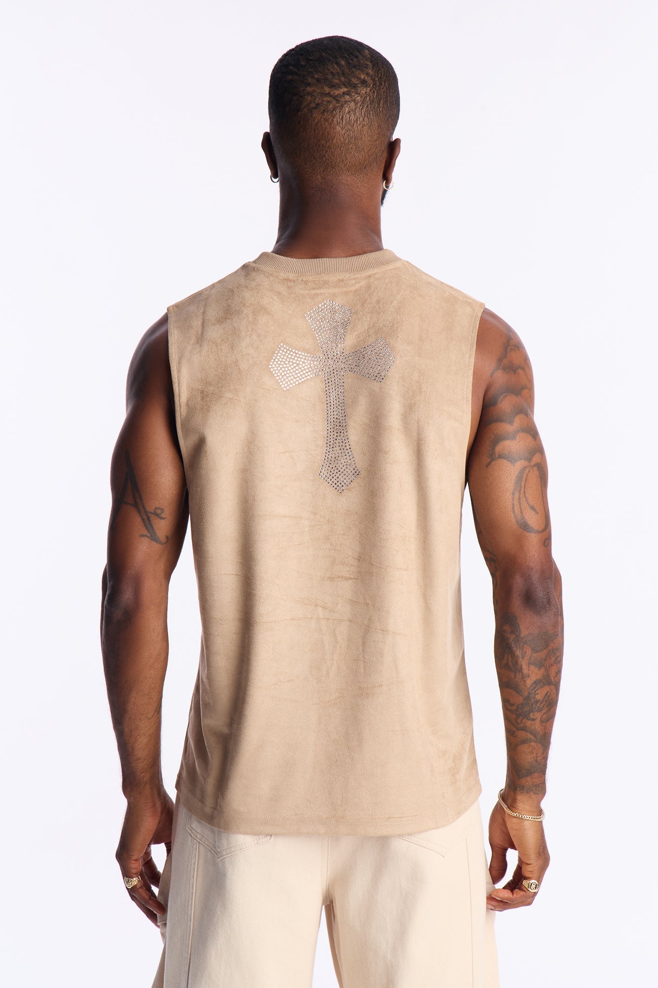 Studded Cross Faux Suede Muscle Tee - Stone