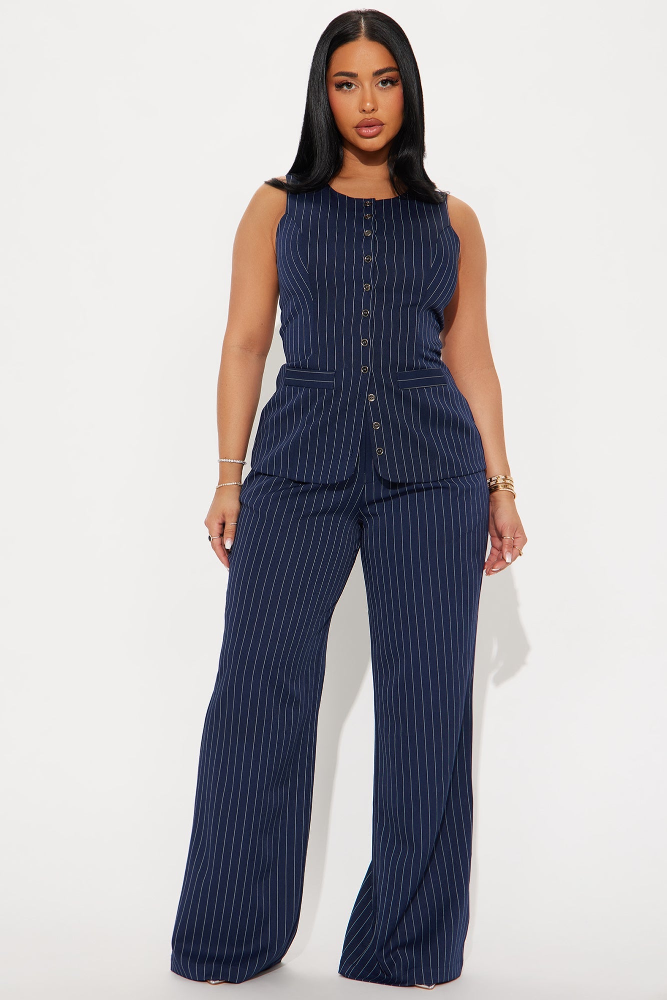 Stephanie Pinstripe Vest Pant Set - Navy