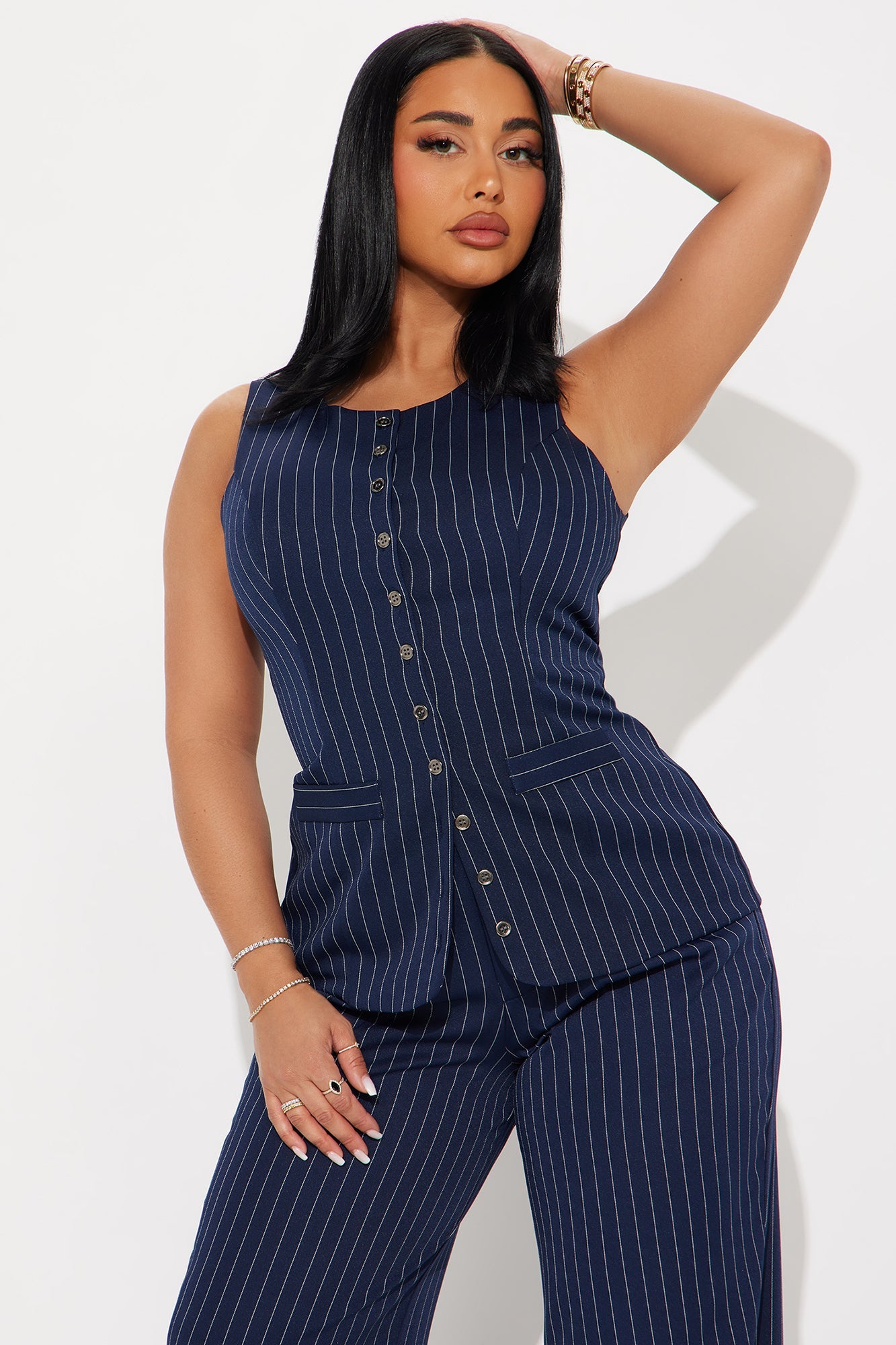 Stephanie Pinstripe Vest Pant Set - Navy
