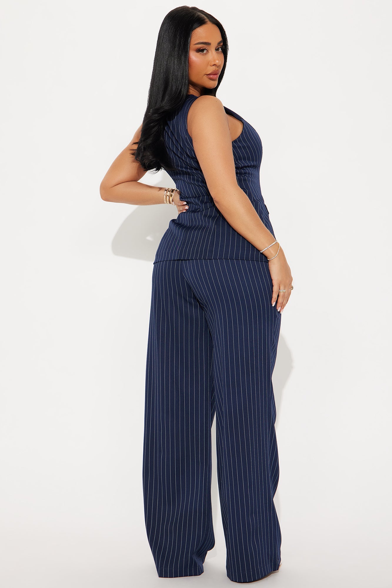 Stephanie Pinstripe Vest Pant Set - Navy