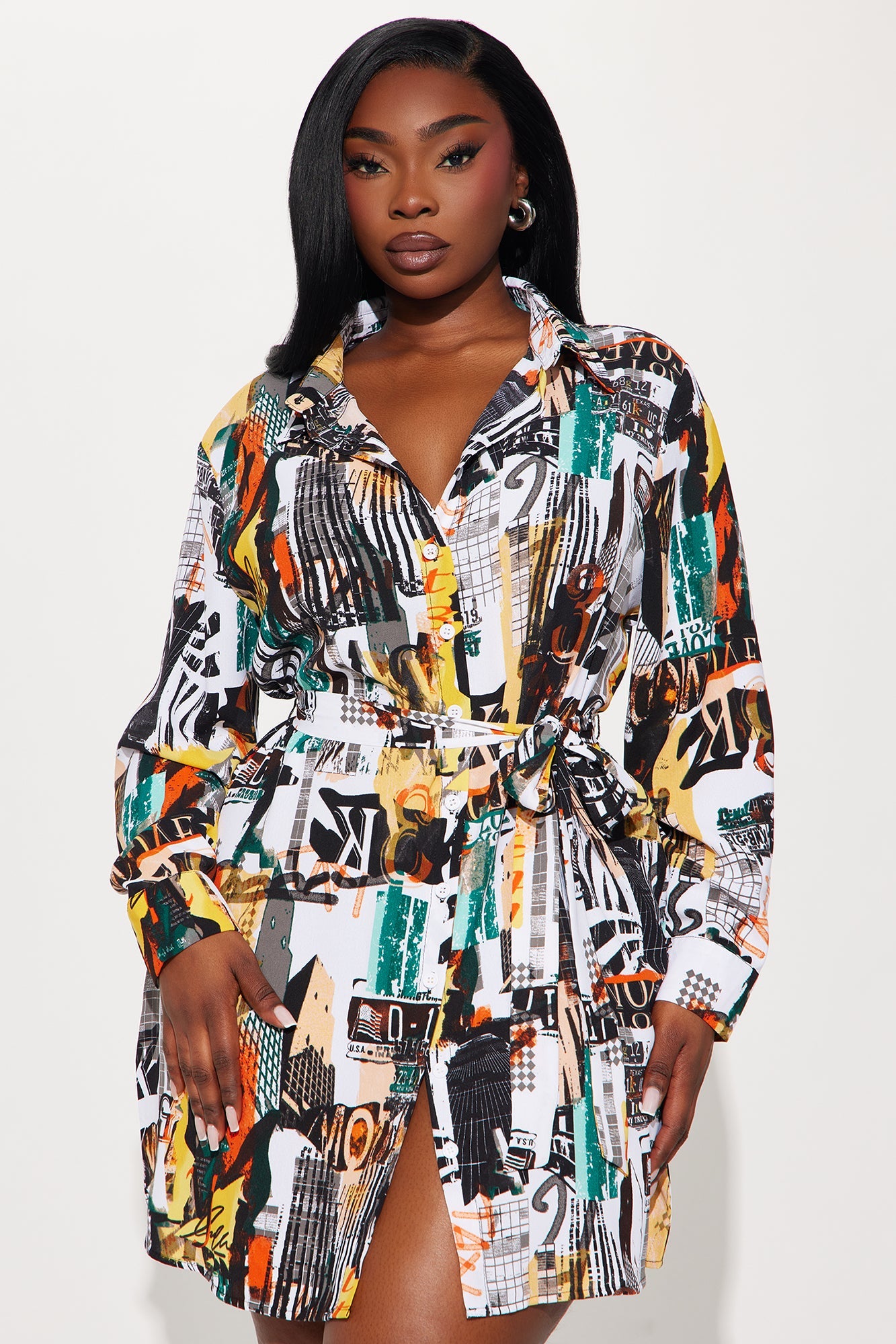 Big News Belted Mini Shirt Dress - Multi Color