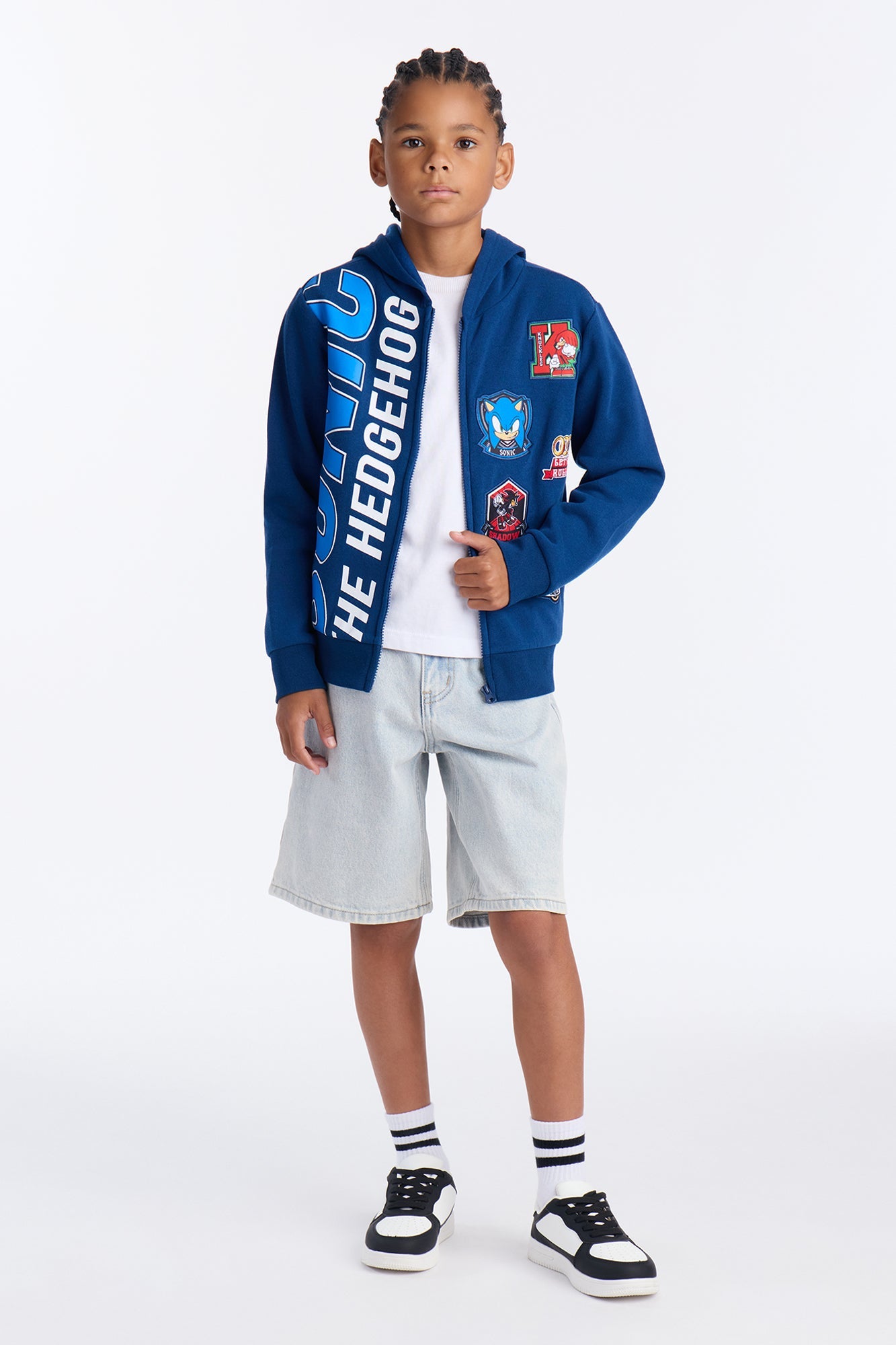 Mini Sonic The Hedgehog Embroidered Patch Zip Hoodie - Navy