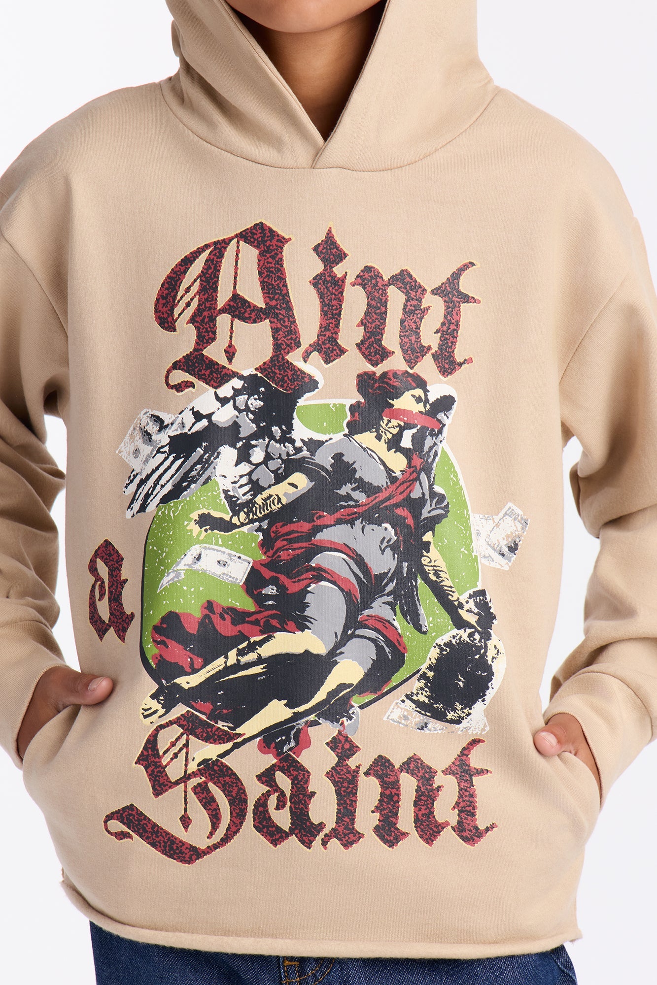 Mini Aint A Saint Raw Hem Oversized Hoodie - Cream