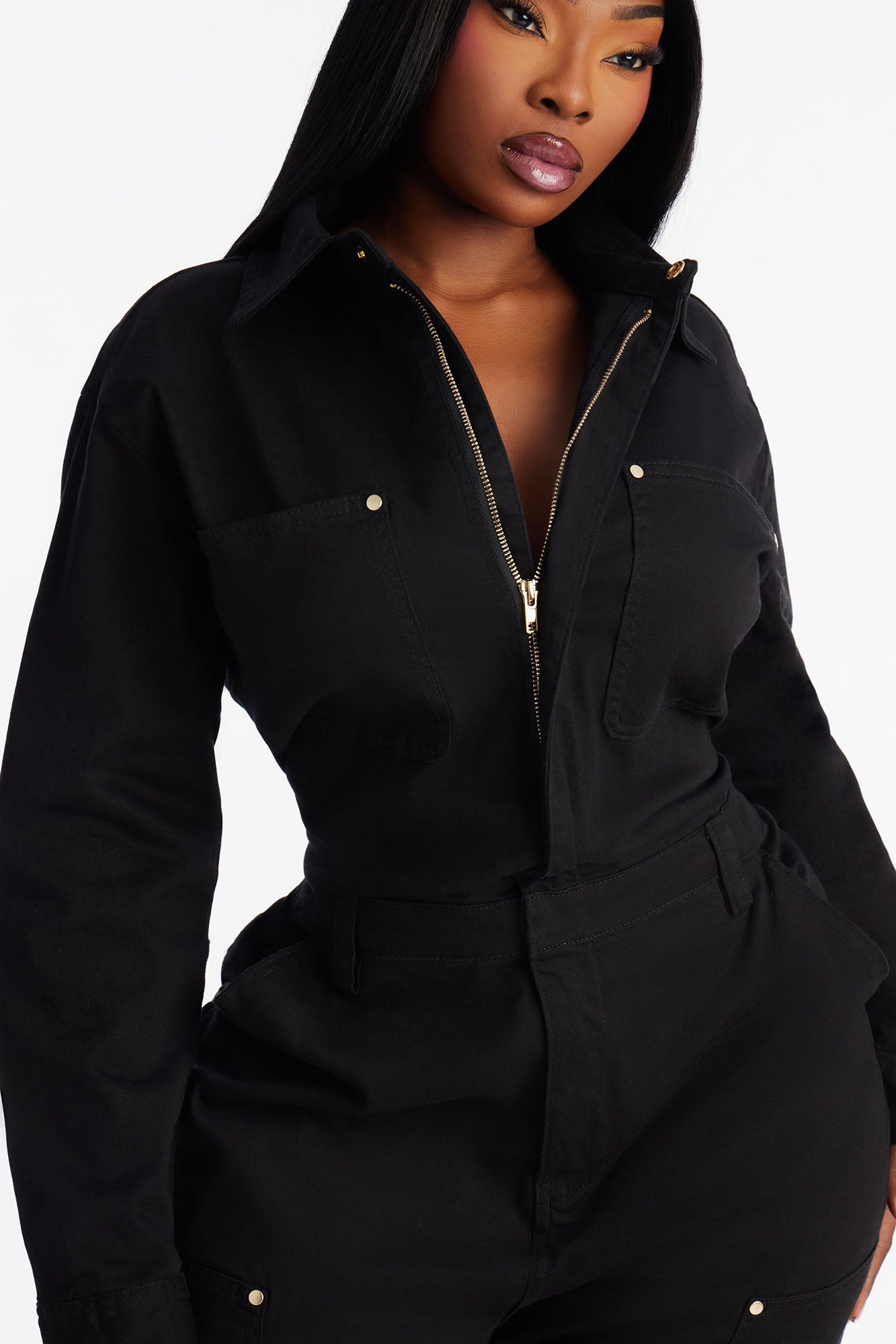 On The Go Twill Long Sleeve Jumpsuit - Black